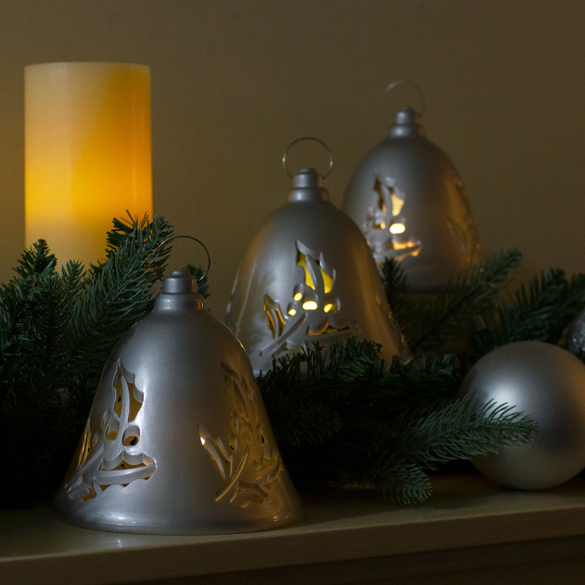 Set of 3 Musical Lighted Silver Bells Christmas Decorations 6.5-Inches