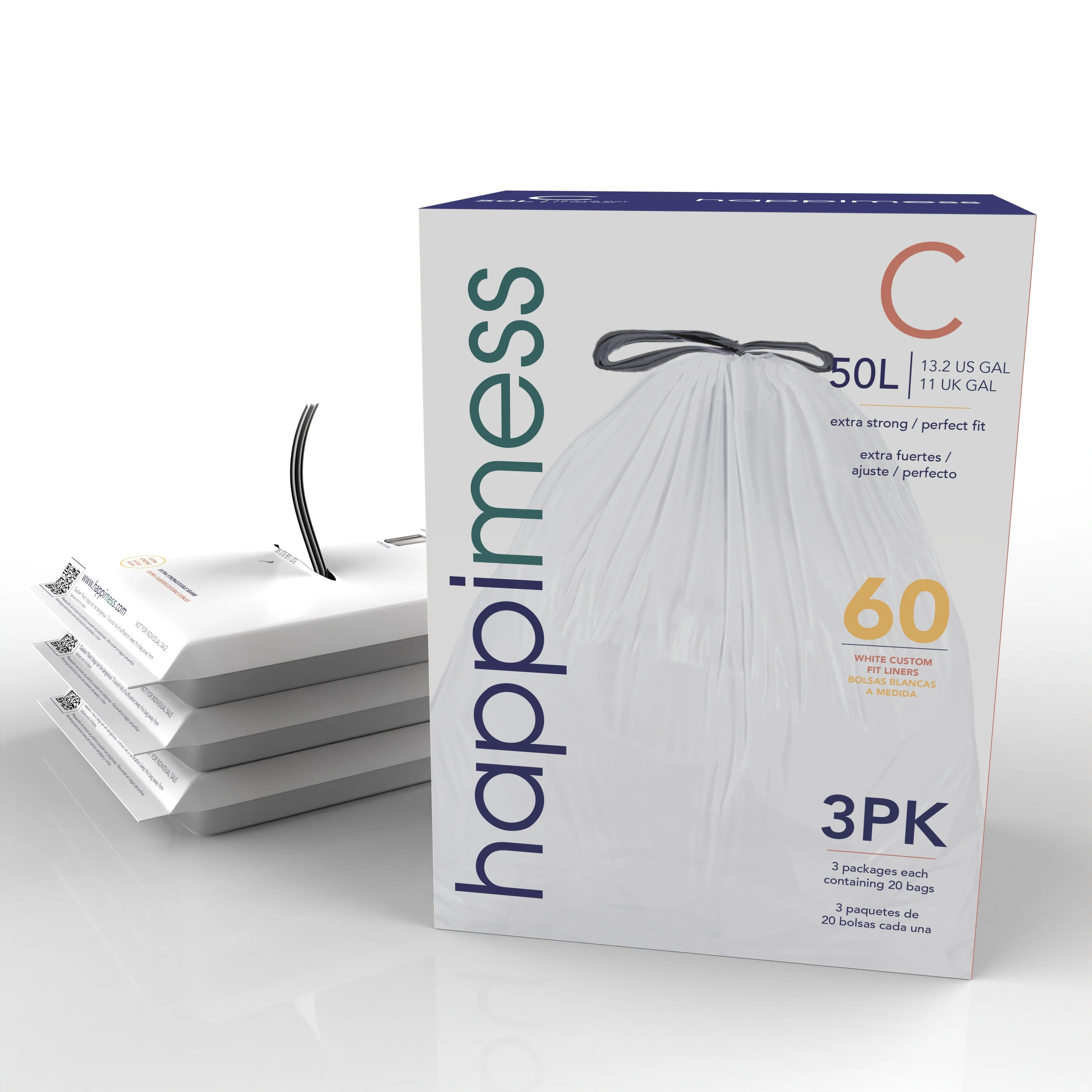 happimess 13.2 Gallon Drawstring Trash Can Liner, White (60-Count, 3-Packs of 20 Liners)