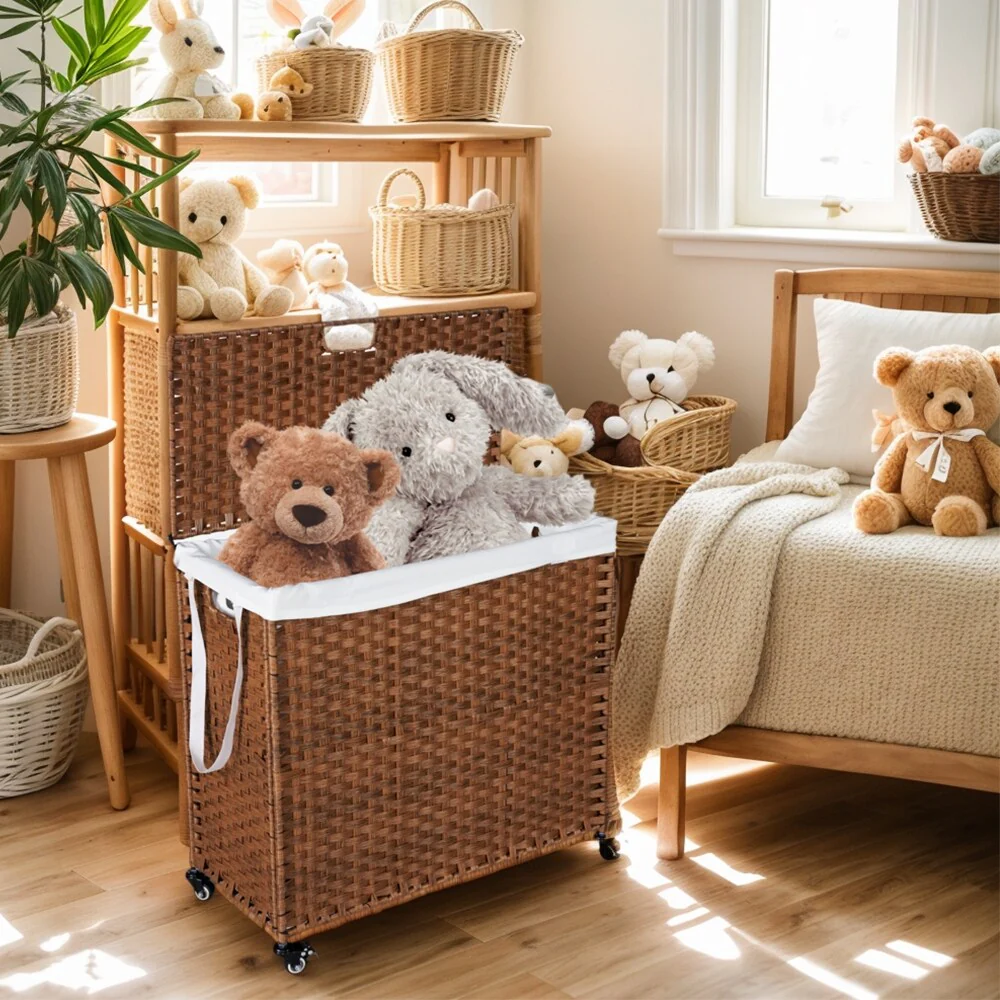 Laundry Hamper with Wheels, 160L Rattan Hampers & 2 Removable Liner Bags, Laundry Basket with Lid - 27
