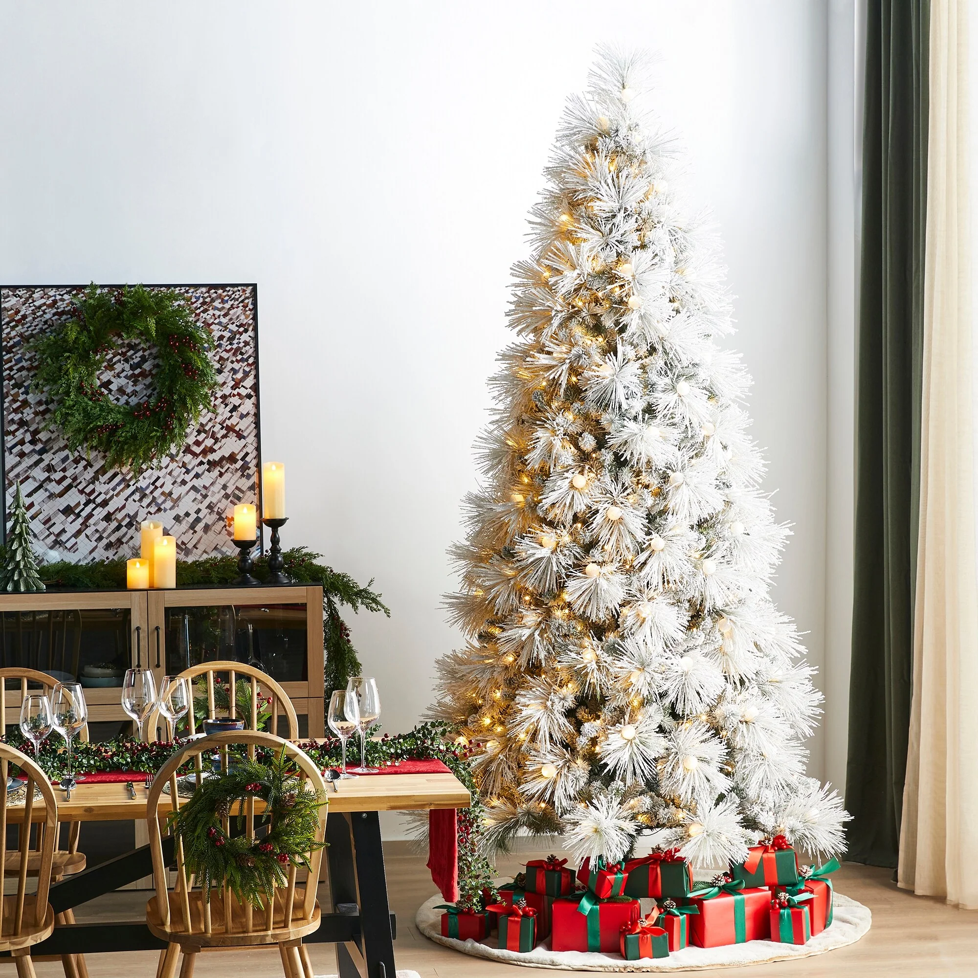 Glitzhome 7.5FT/9FT Pre-Lit Flocked Full Snowy Globe Pine Artificial Christmas Tree with Foot Switch