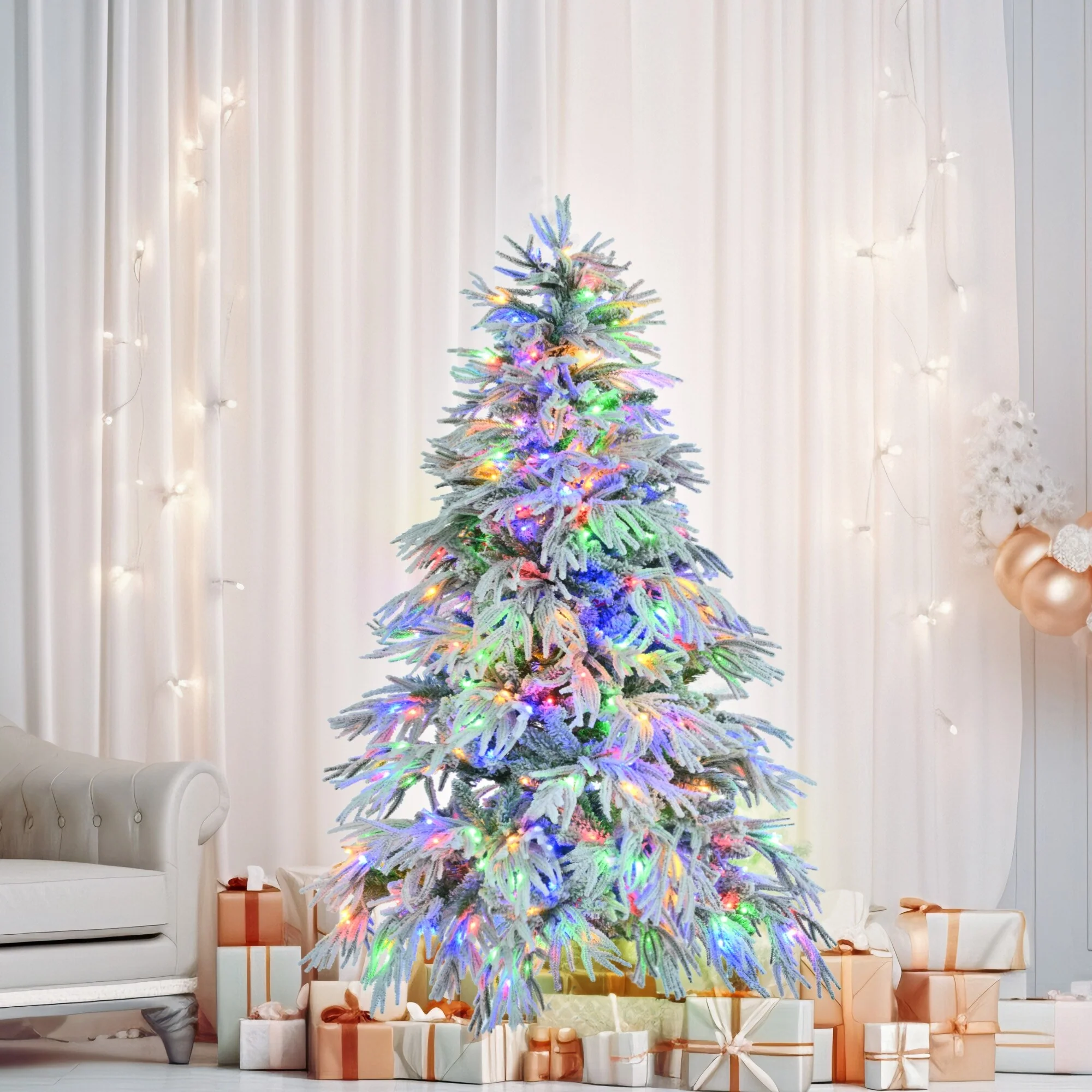 6FT Pre-Lit Spruce Snow Flocked Christmas Tree,300 Multi-Color LED Lights,8 Flashing Modes and 790 Snow Branch Tips - N/A