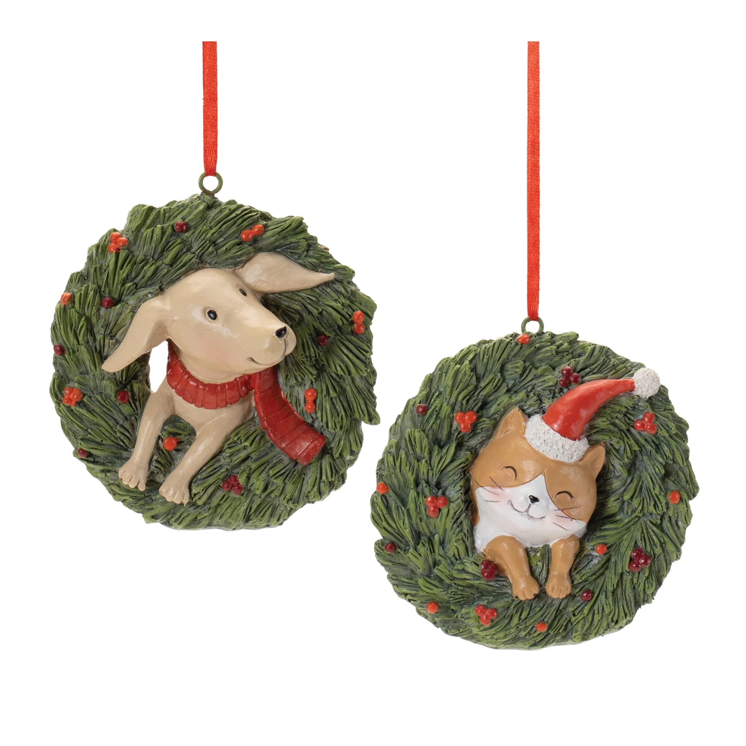 Cat and Dog Christmas Ornaments Set in Pine Wreath Holiday Decor - 3.75