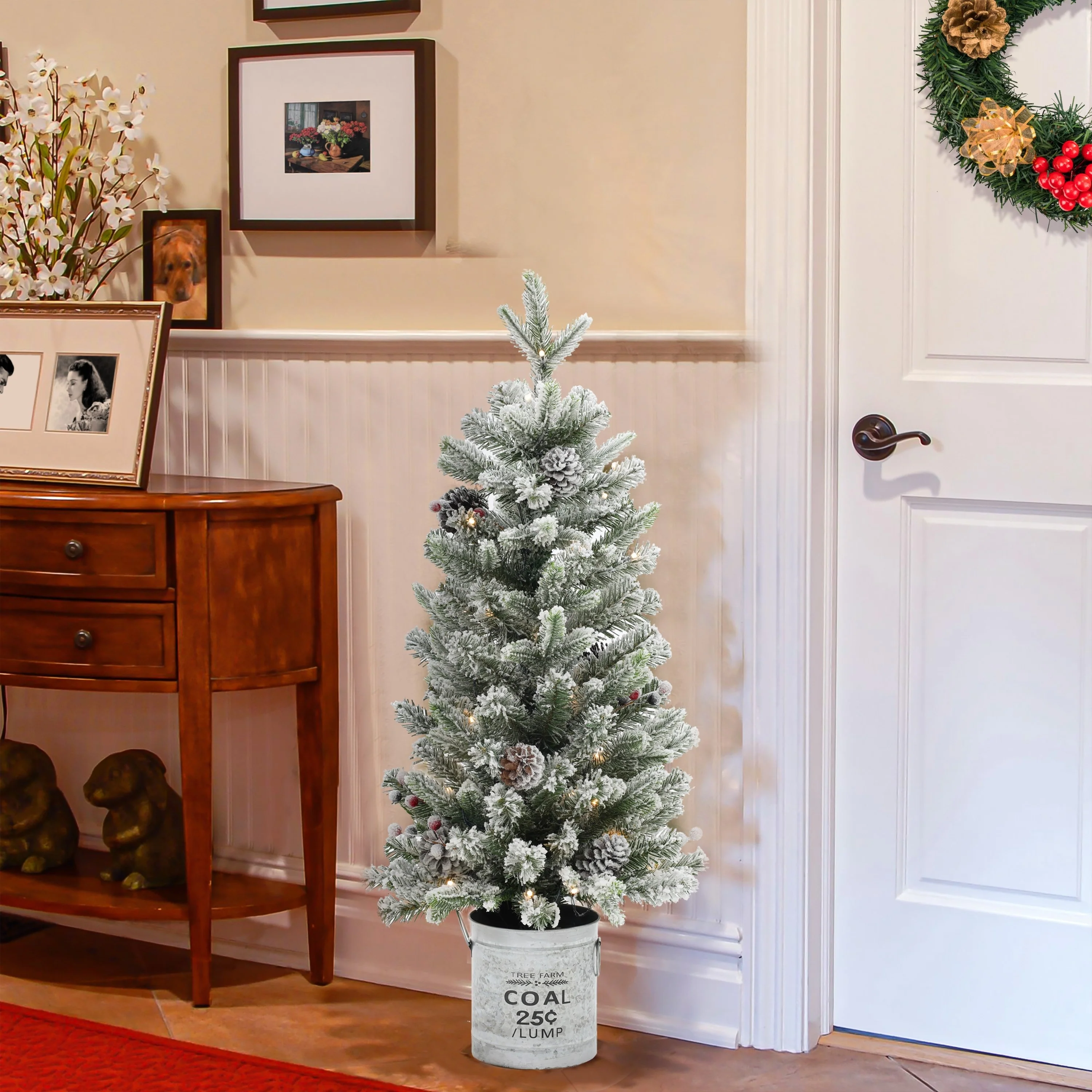 Snow-Flocked Artificial Christmas Tree with Pinecones and Berry Decorations in Metal Pot, Battery Op Lights with Timer