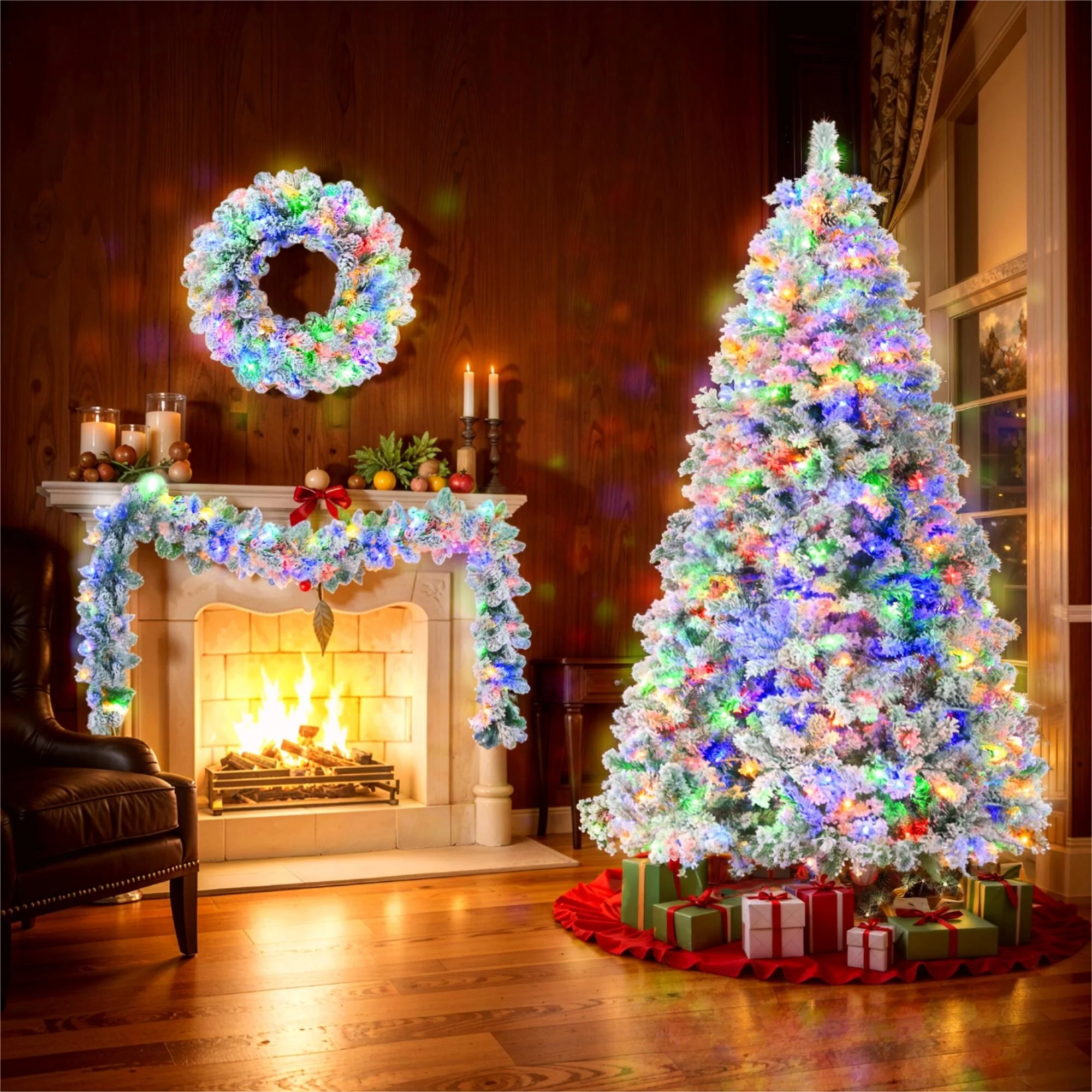 6FT Snow Flocked Christmas Tree with Pre-Lit Wreath and Garland, 8 Lighting Modes, Colorful LED Lights, Festive Holiday Decor