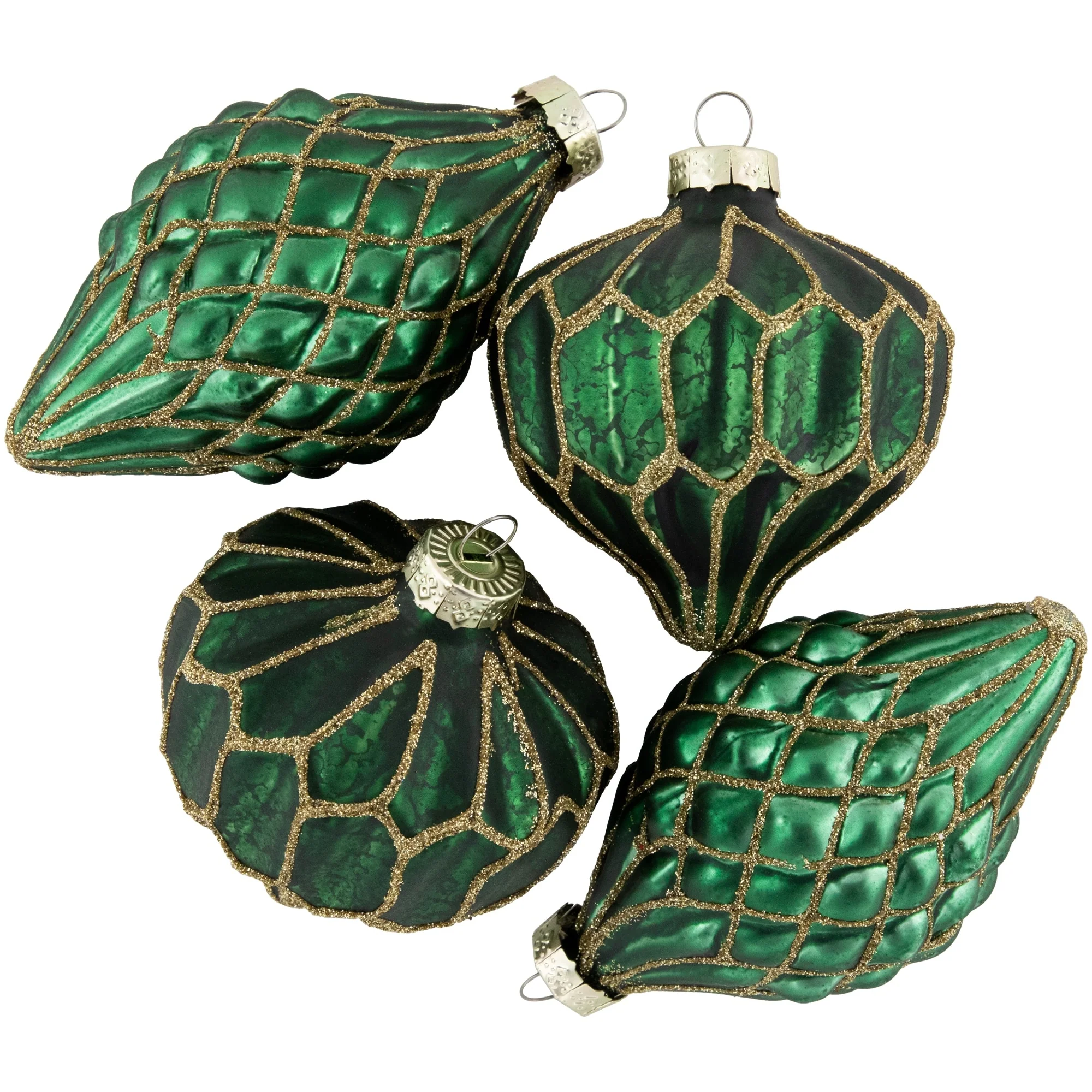 4ct Green Gold Glitter Onion Finial Glass Christmas Ornaments 4.75