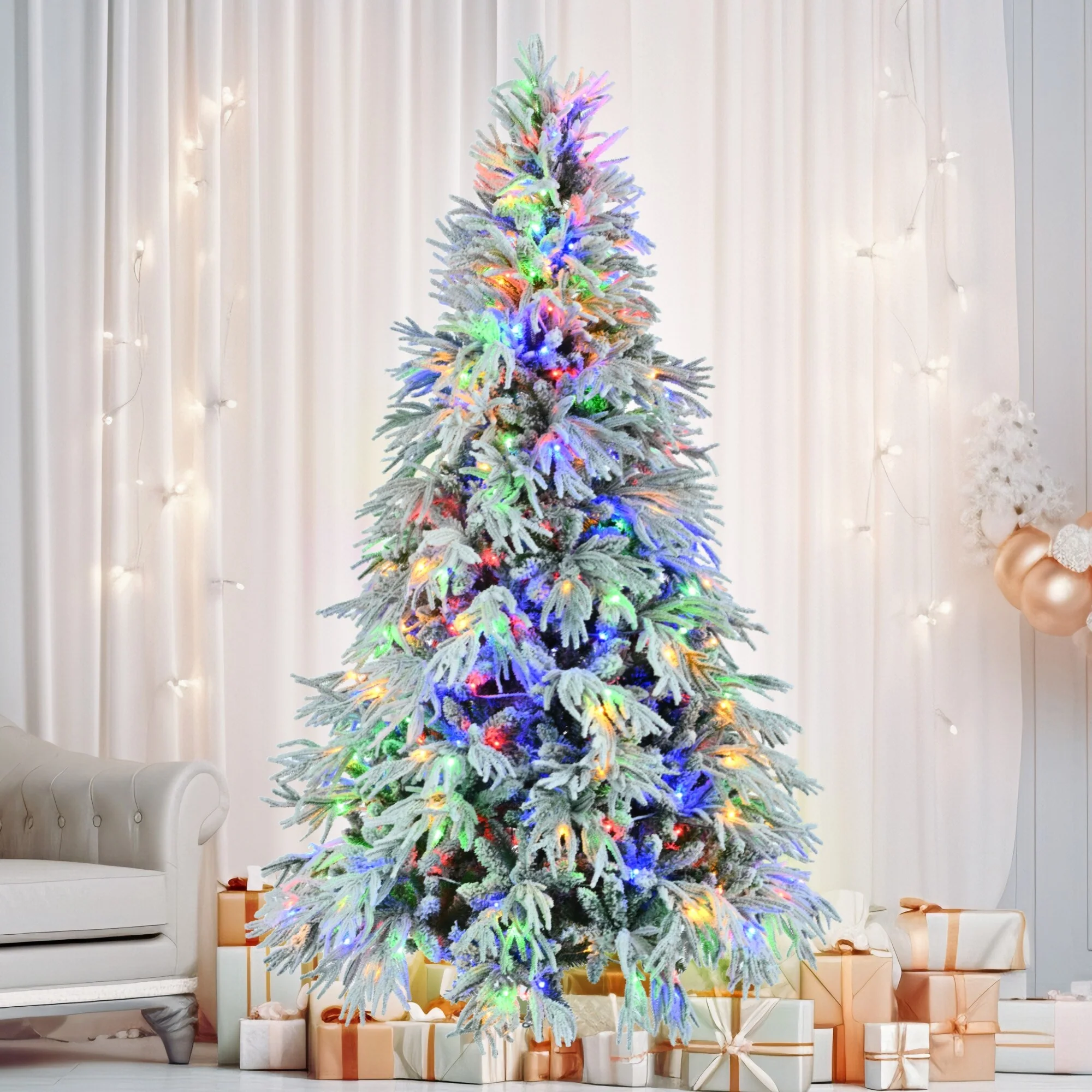 7.5FT Pre-Lit Spruce Snow Flocked Christmas Tree,350 Multi-Color LED Lights,8 Flashing Modes & 1389 Snow Branch Tips - N/A