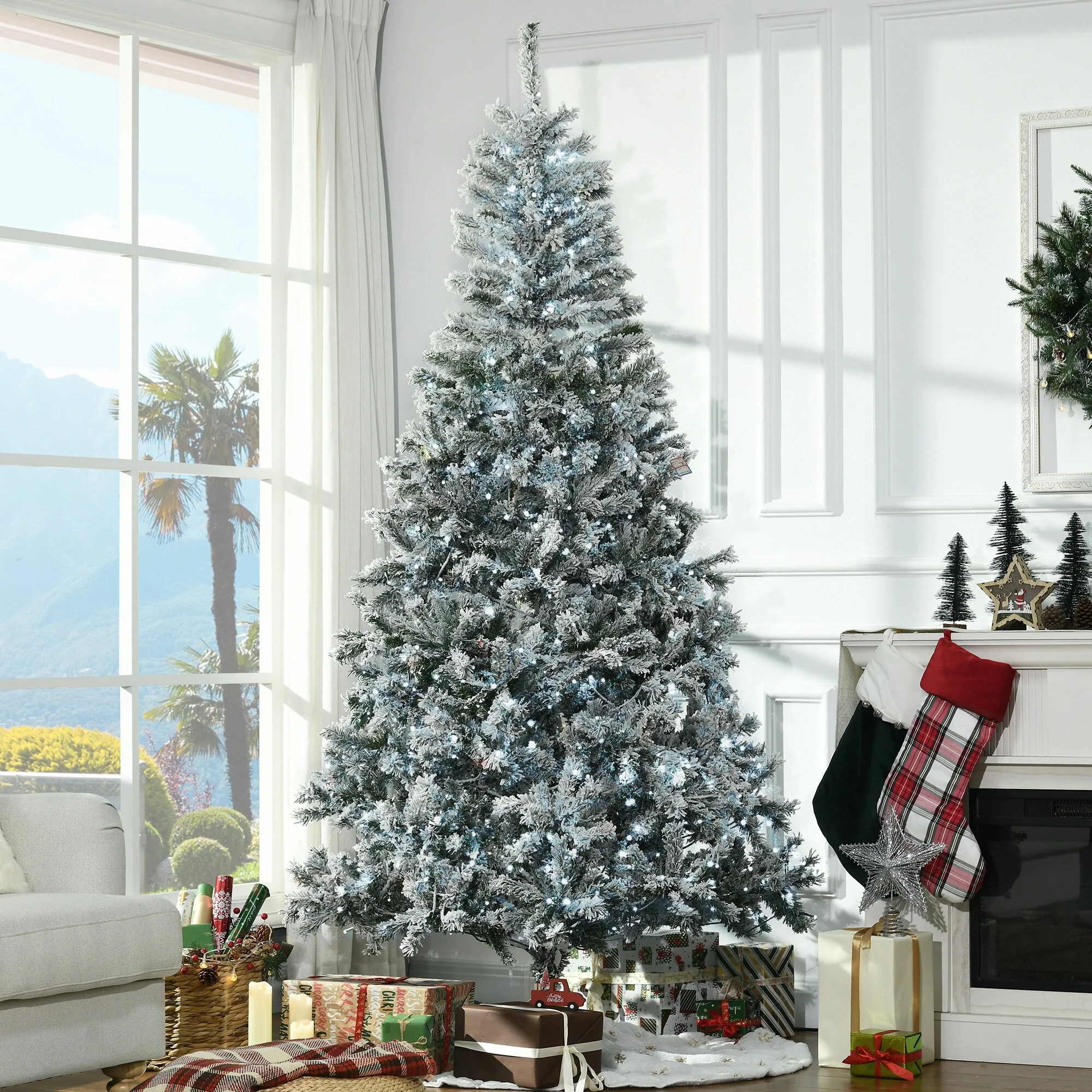 HOMCOM 7.5ft Prelit Snow-Flocked Artificial Christmas Tree with 500 Cold White LED Lights & 1254 Branch Tips