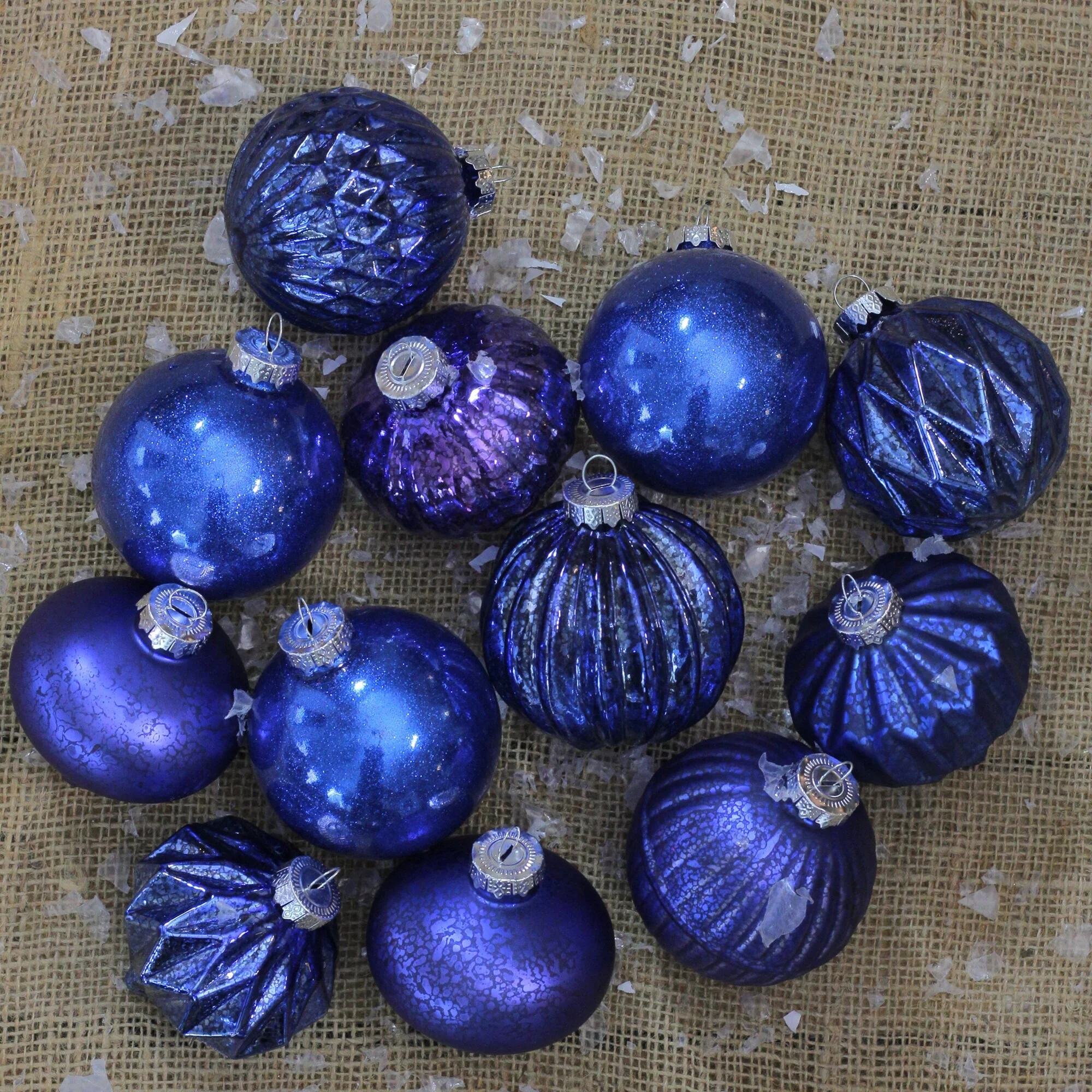 12ct Royal Blue Multi Finish Various Shaped Christmas Ornaments 3.75