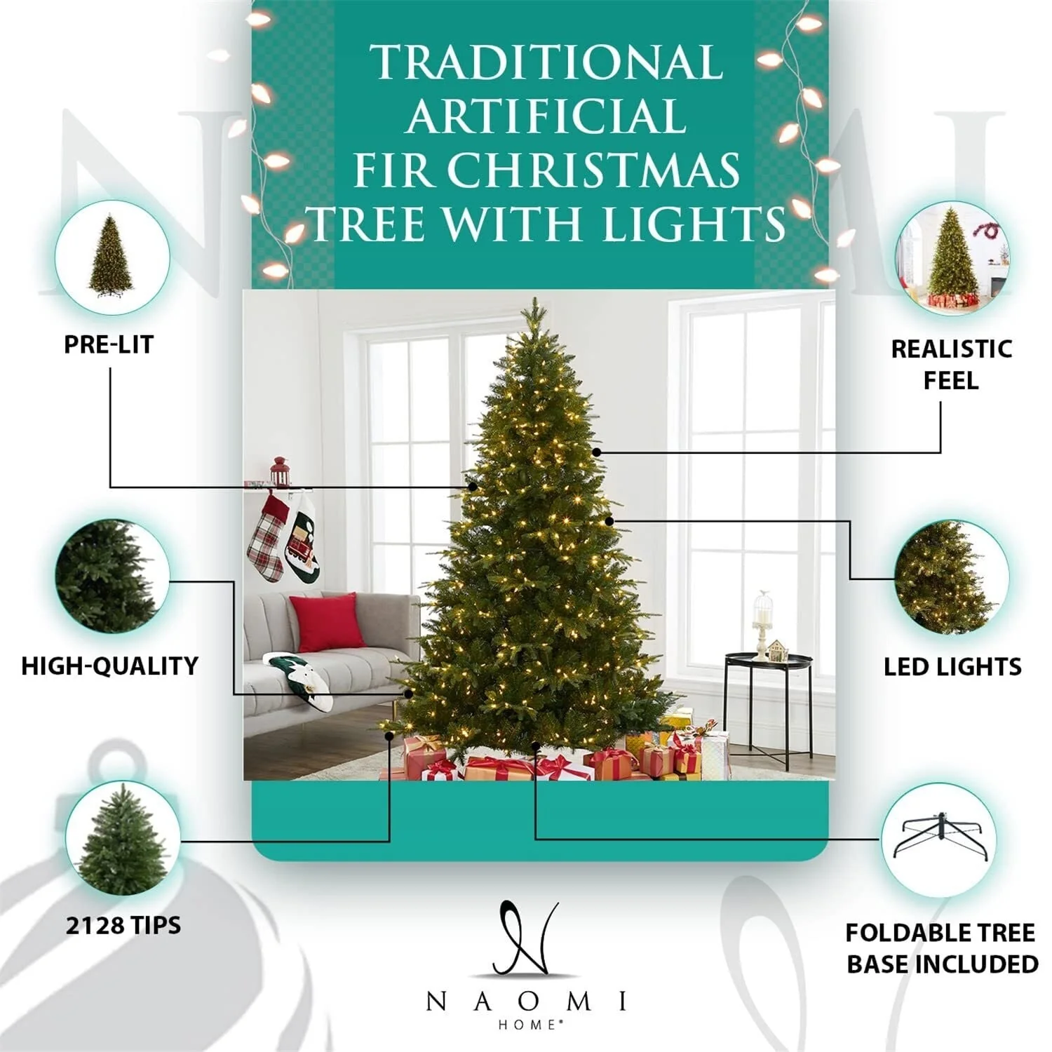 Traditional Artificial Christmas Tree with Lights, Prelit Christmas Tree, Pine Fir Christmas Tree with LED Lights