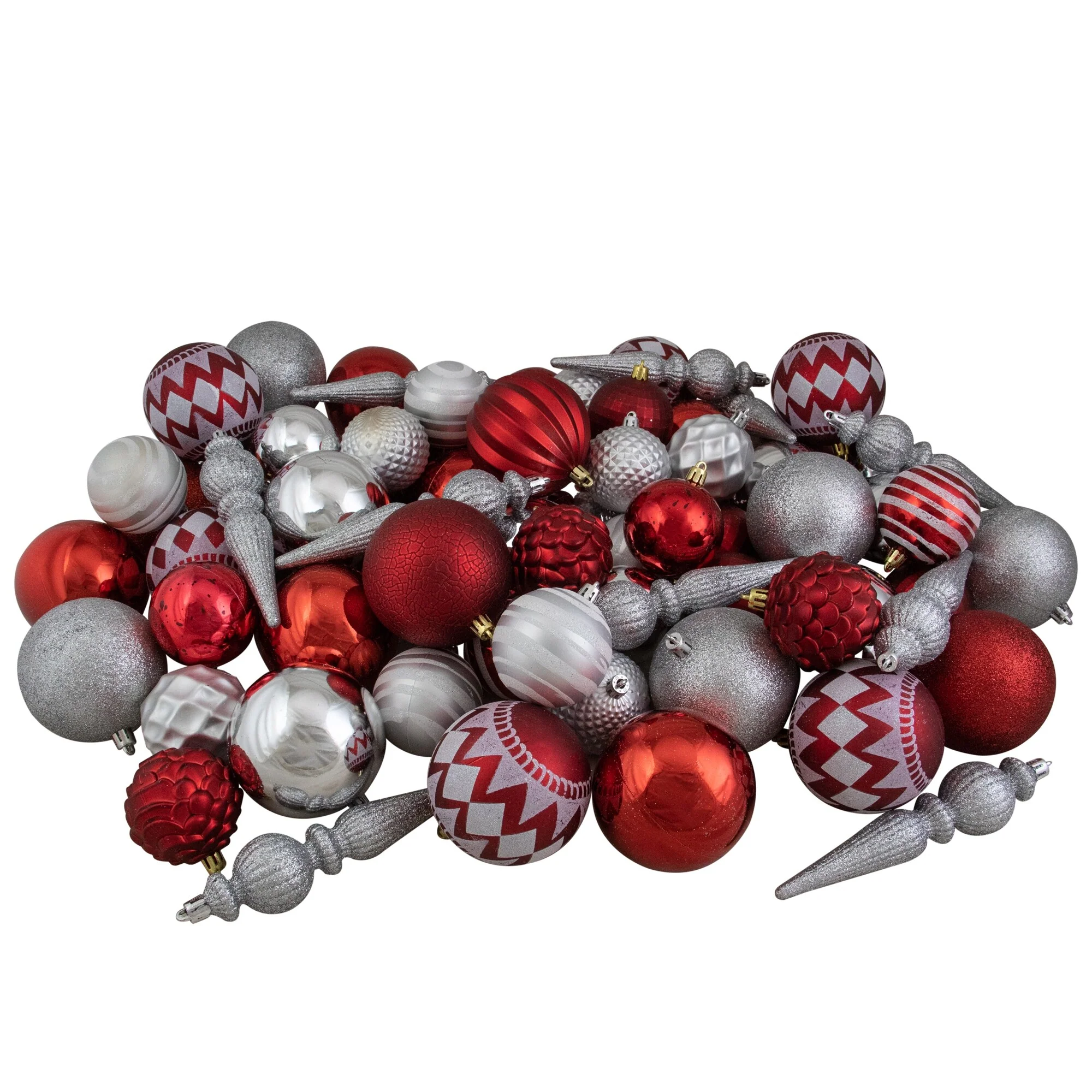 Shatterproof 3-Finish Christmas Ball and Finial Ornaments - Red and Silver - 75ct