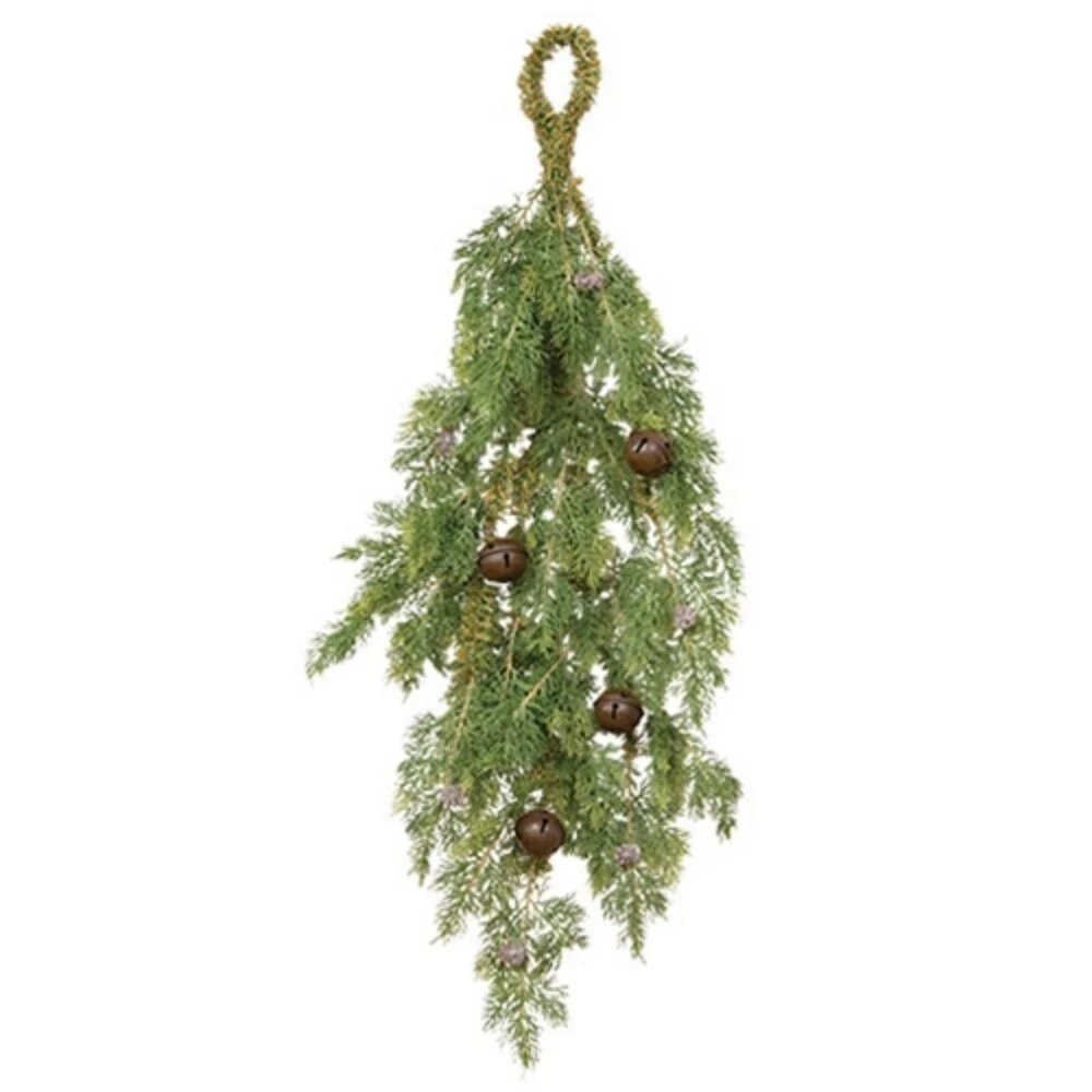 Green-Brown Cedar Teardrop Wreath with Jingle Bell, Pinecone Accents and Loop Hanger - 14