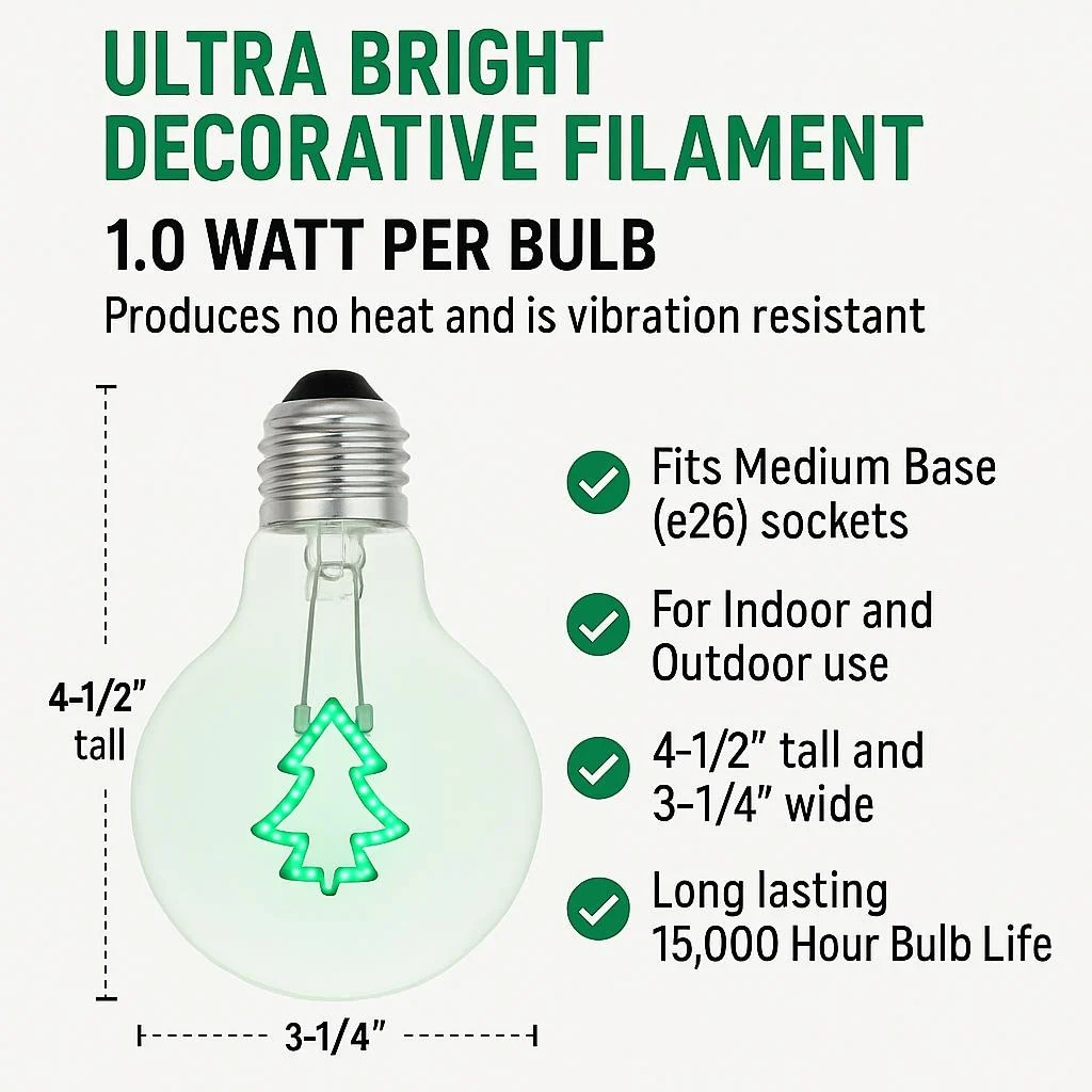 Festive Living LED Christmas Tree Decorative Filament Bulb G80 Globe E26 Base 1W Clear Glass 1pk