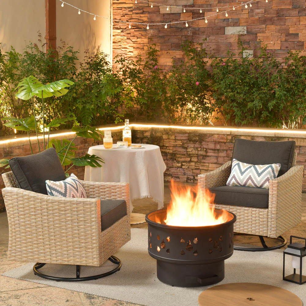 Ovios Athena Series Outdoor Patio Furniture 3-Piece Set with Fire Pit Swivel Chair