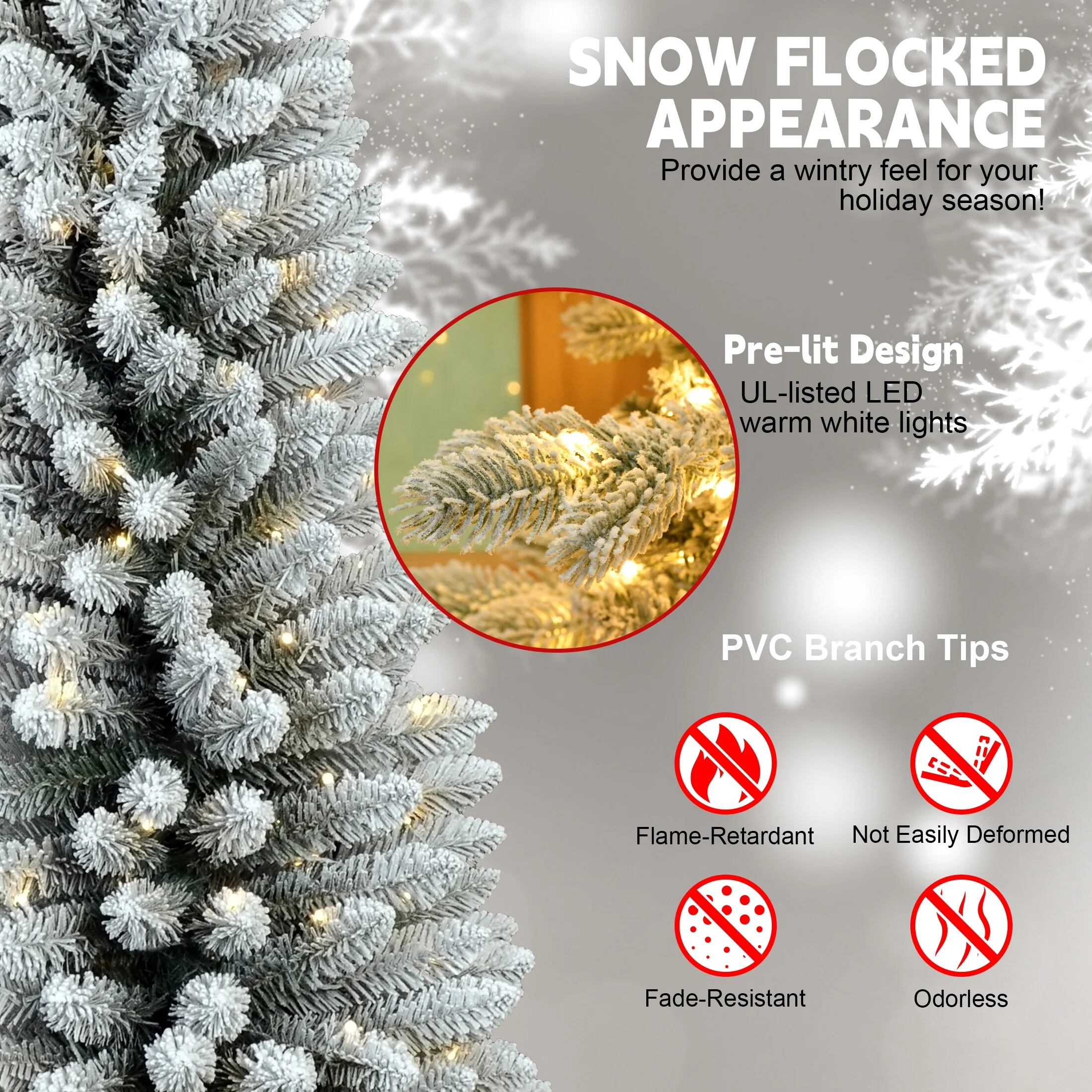 5FT Flocked Pencil Christmas Tree with 100 Warm White LED Lights-Slim Snowy PVC Tree with 263 Tips, Space-Saving Design