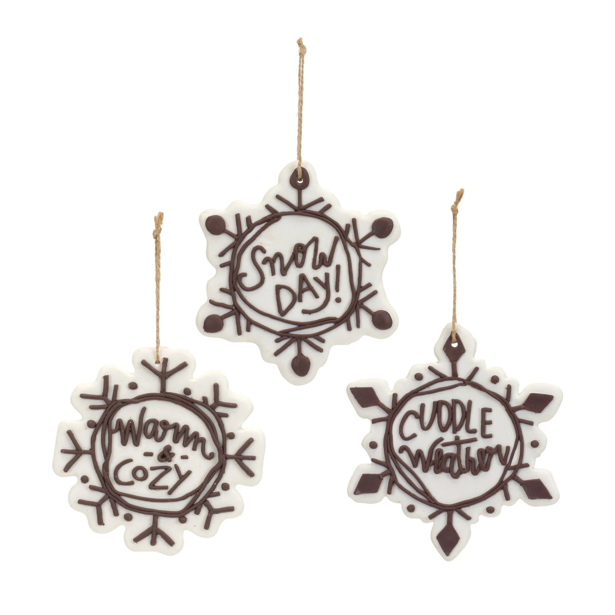 12ct White & Brown Snowflake Sentiments Christmas Ornaments 5