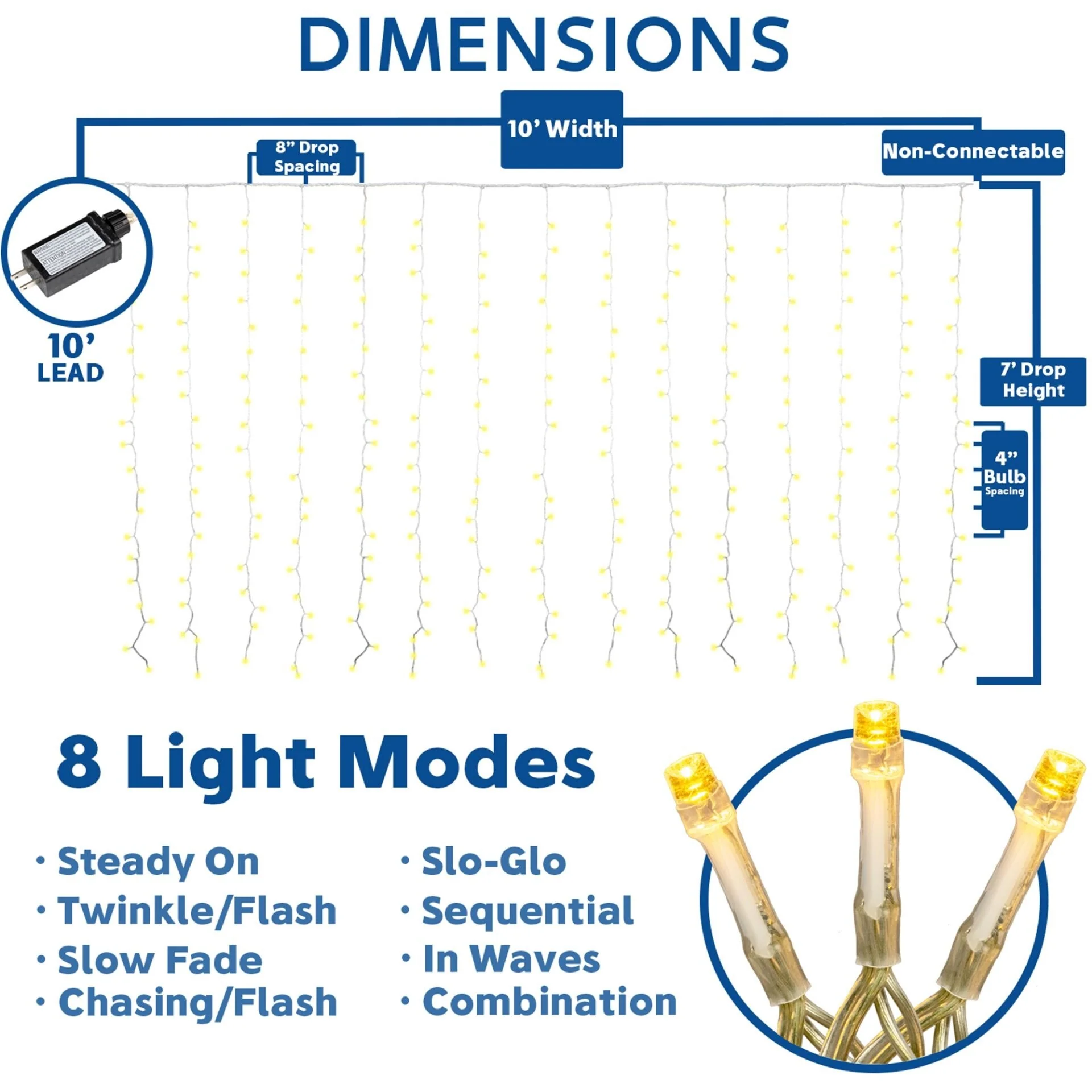 Novelty Lights LED Curtain Light Set, 300 LED Warm White, 8 Function, Clear Wire - Warm White
