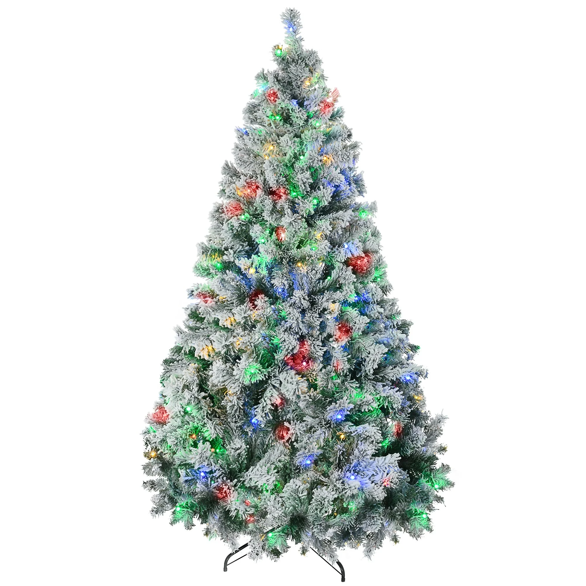 Tall Prelit Artificial Christmas Tree Holiday Décor With Snow Flocked Branches, Warm White Or Colorful Led Lights, Steel Base
