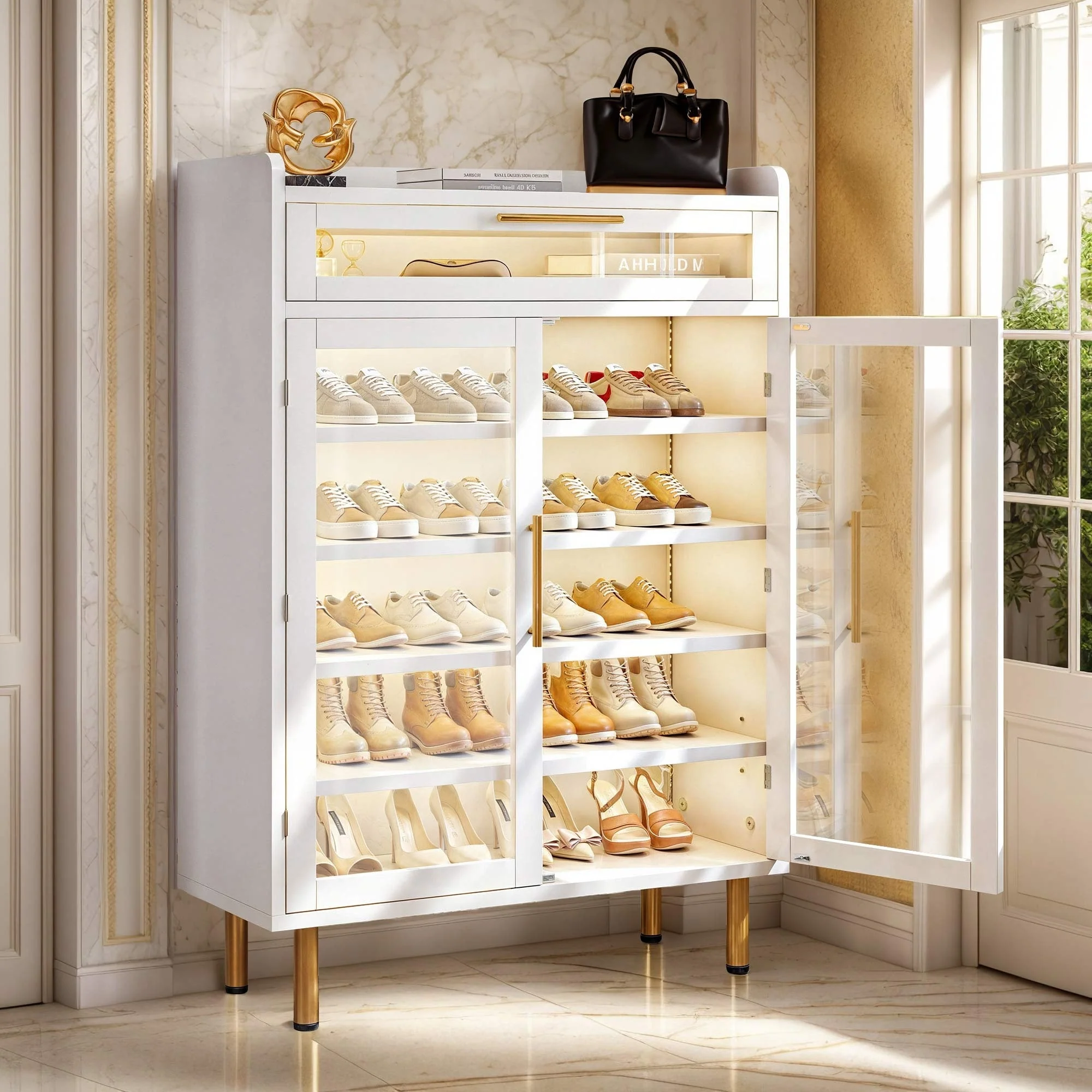 Moasis 22 Pairs Shoe Storage Cabinet with Door & LED Lights, 6-Tier Shoes Rack for Entryway