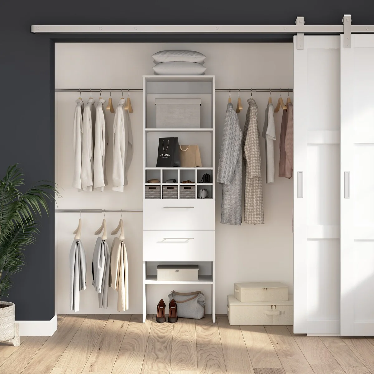 Carina Closet 24W Organizer with Rods, Drawers, Cubbies by Bestar