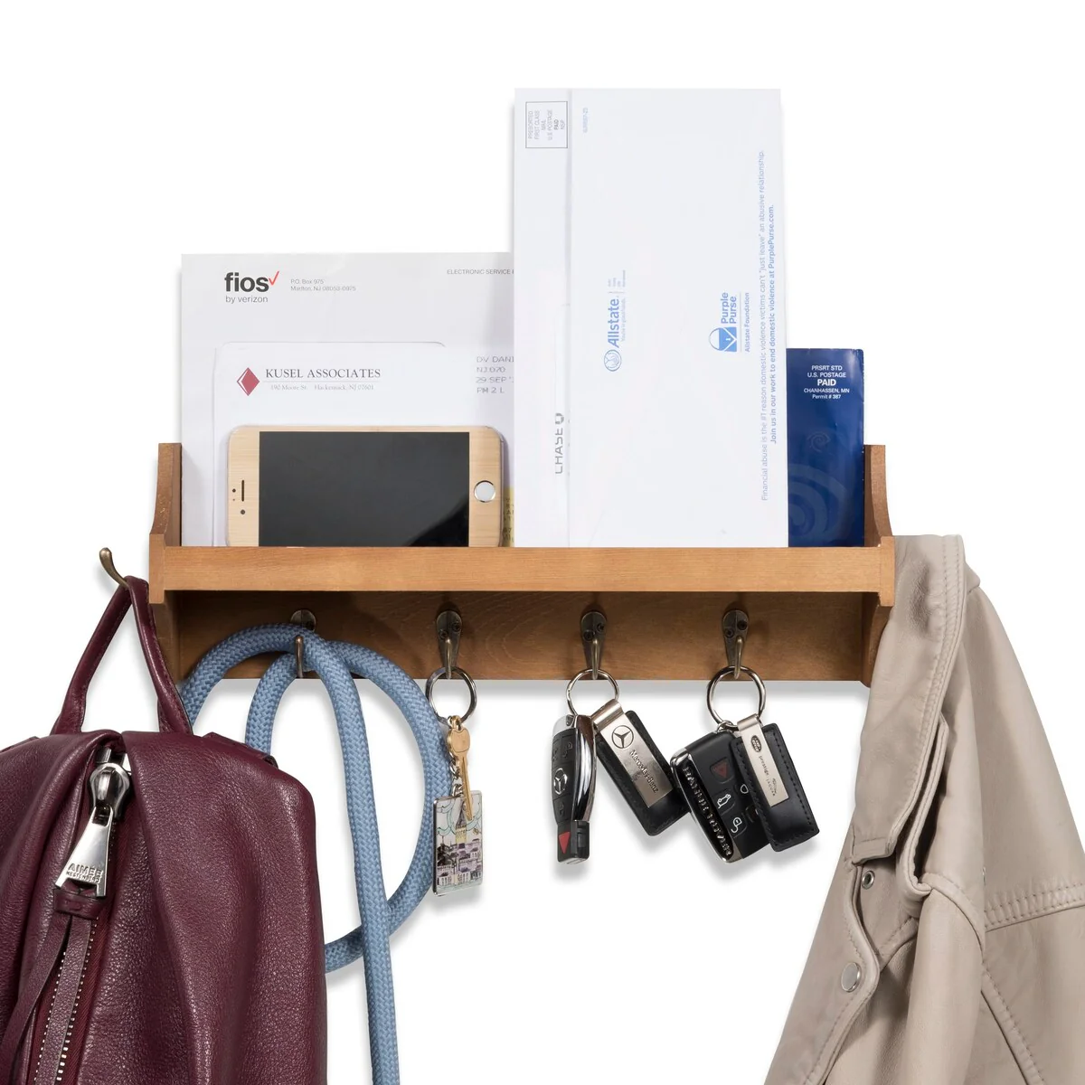 Wallniture 14'' Wide 6 Hook Wall Mounted Coat Rack with Storage Shelf Entryway Mail Organizer - N/A