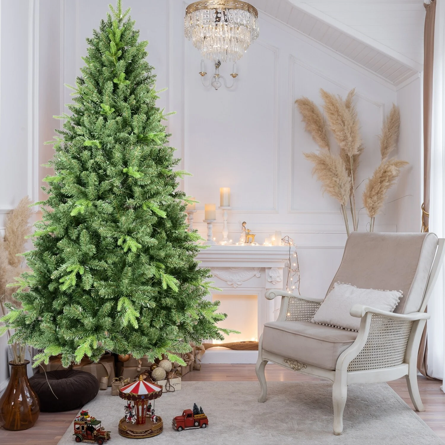 Premium 8-Foot Hinged Artificial Christmas Tree, Realistic 2535 Branch Tips, Unlit, Sturdy Foldable Base, Green