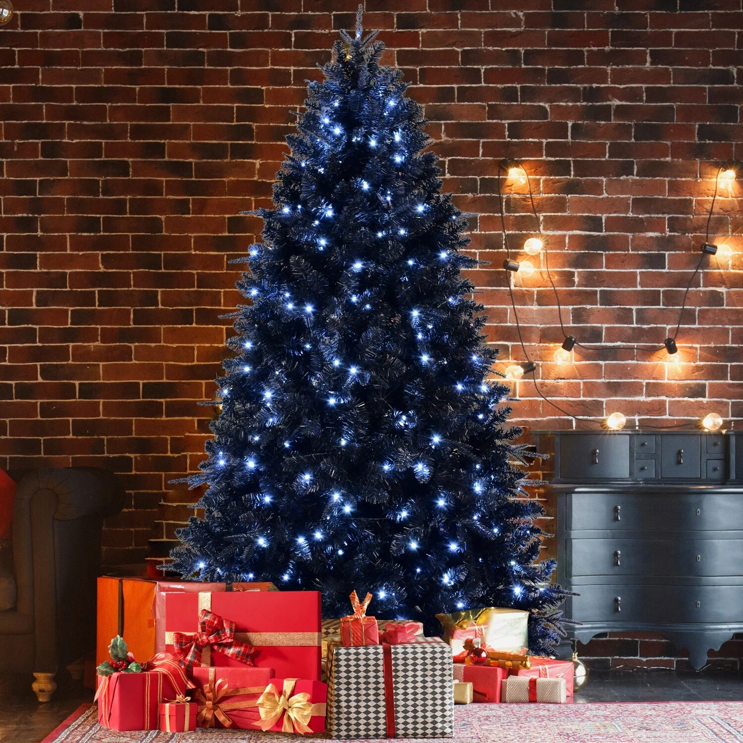 7.5ft Black Christmas Tree with 500 White LED Lights, 2156 Tips PE+PVC Artificial Tree for Halloween&Holiday Decor