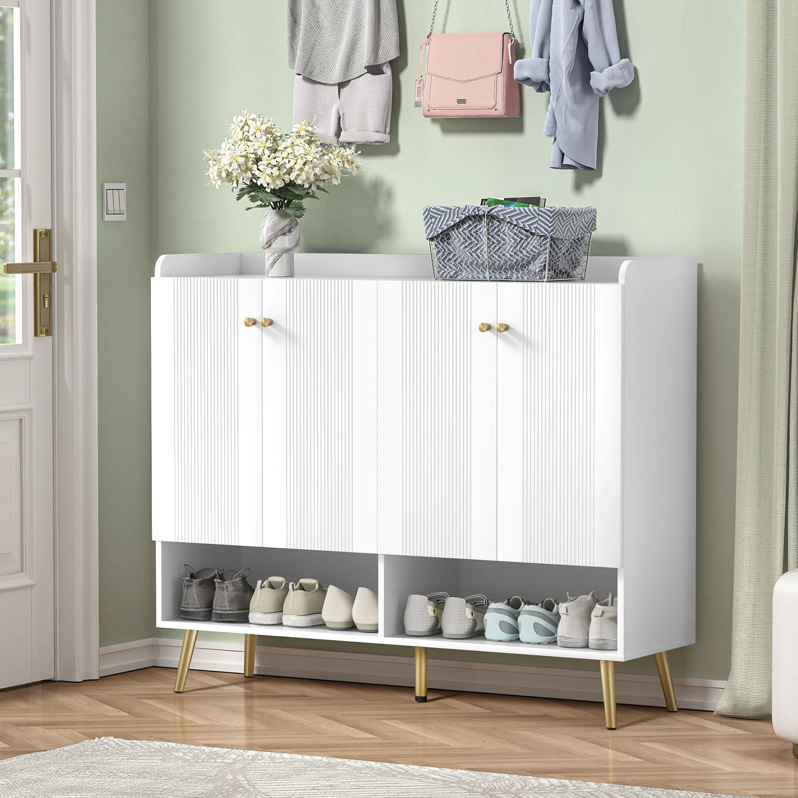 Modern 30 Pairs White Large Shoe Storage Cabinet 6-Tier Shoe Rack Organizer with 4 Doors for Entryway