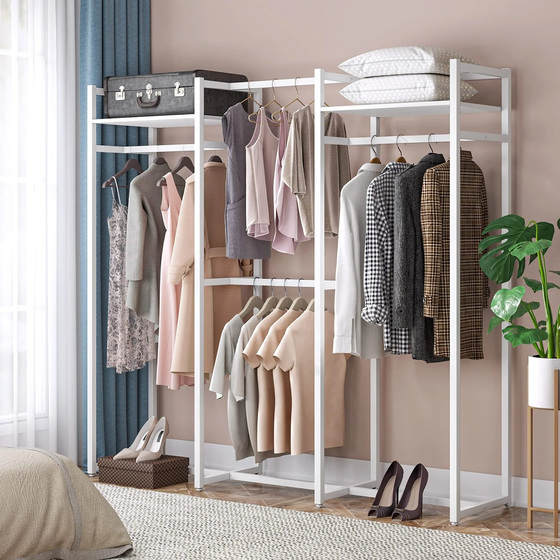 Free Standing Closet Organizer with Hanging Rods, Garment Rack Heavy Duty Clothes Rack with Storage Shelves, Max Load 500LBS