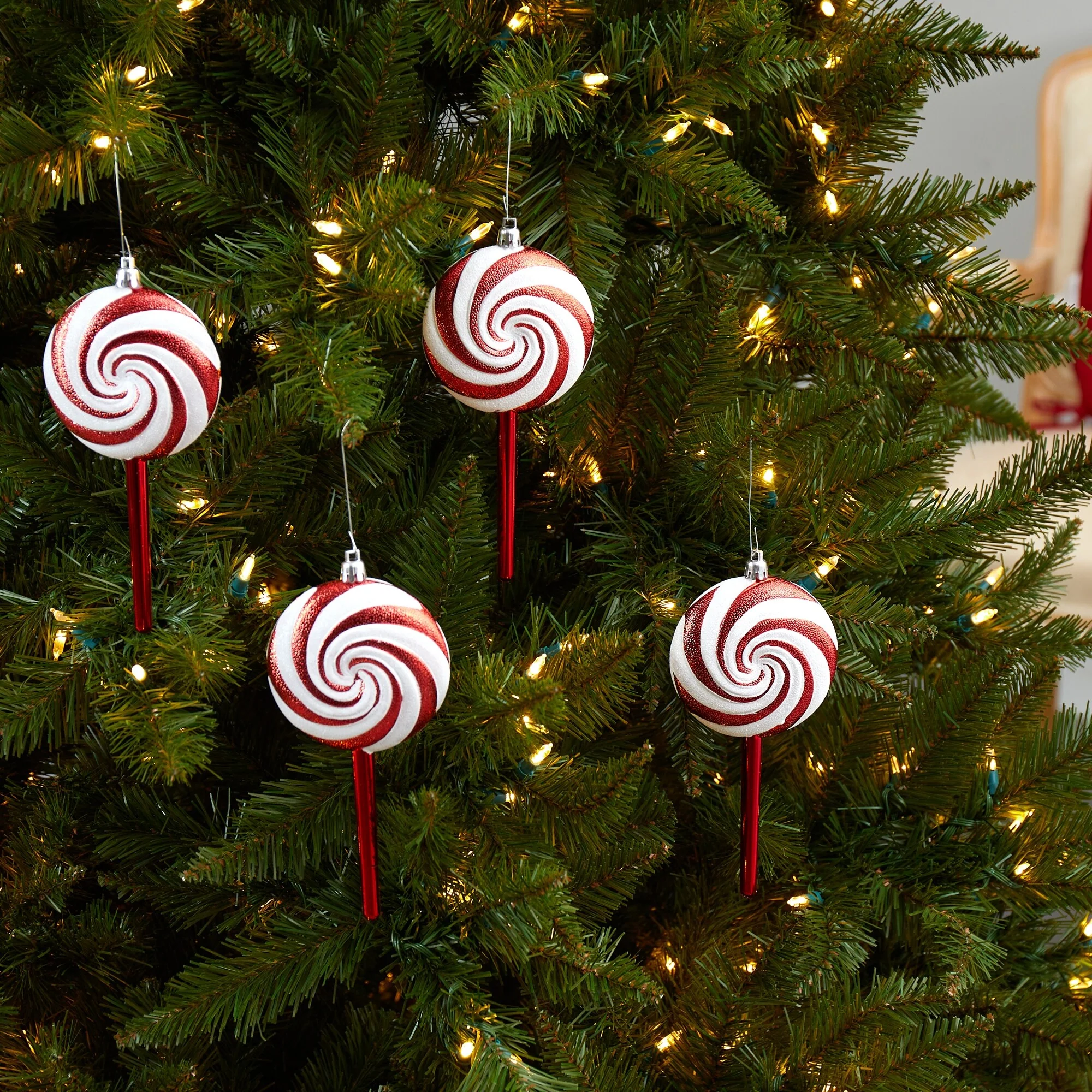 4ct White and Red Shatterproof 2-Finish Christmas Candy Ornaments 7