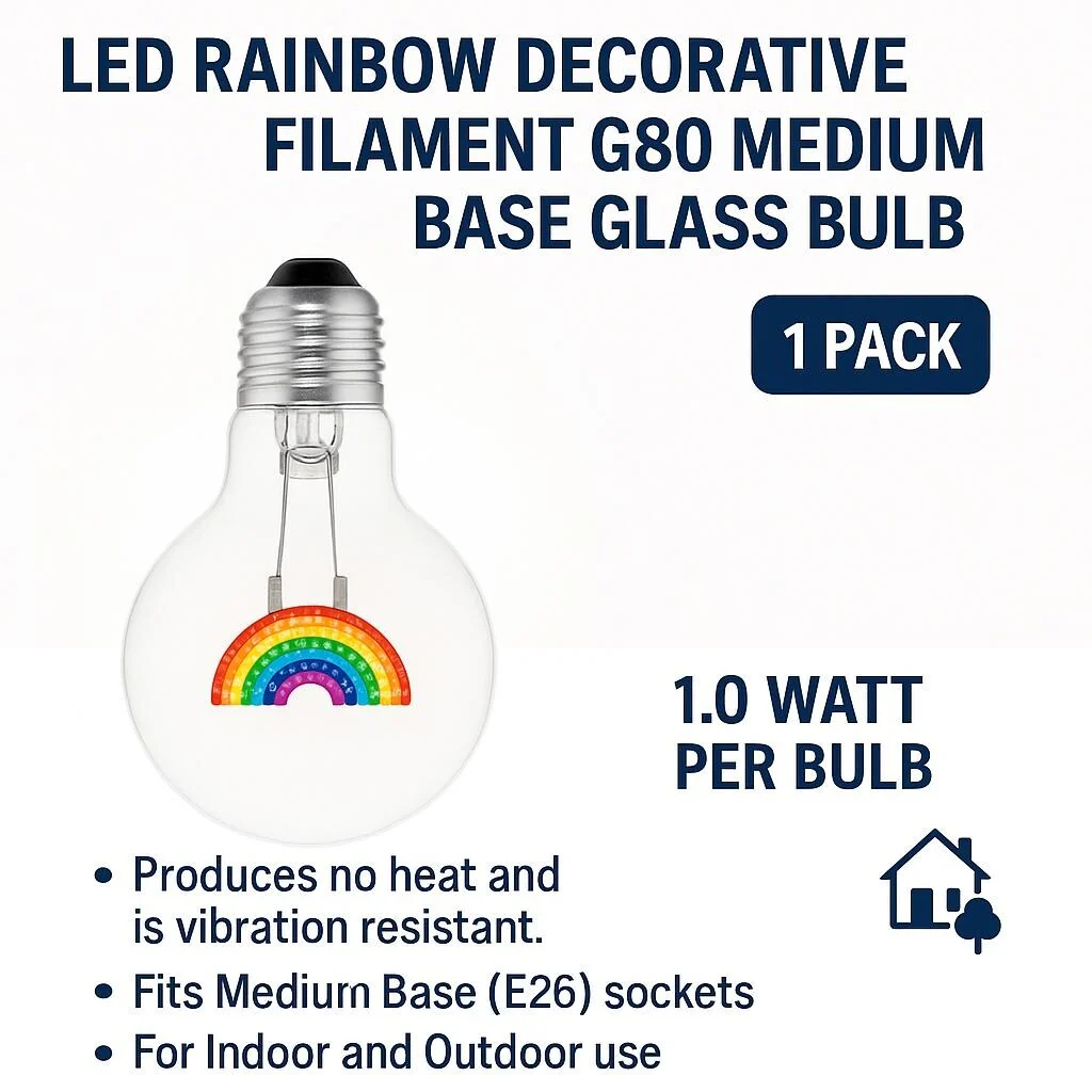 Festive Living LED Rainbow Decorative Filament Bulb G80 Globe E26 Base 1W Clear Glass 1pk