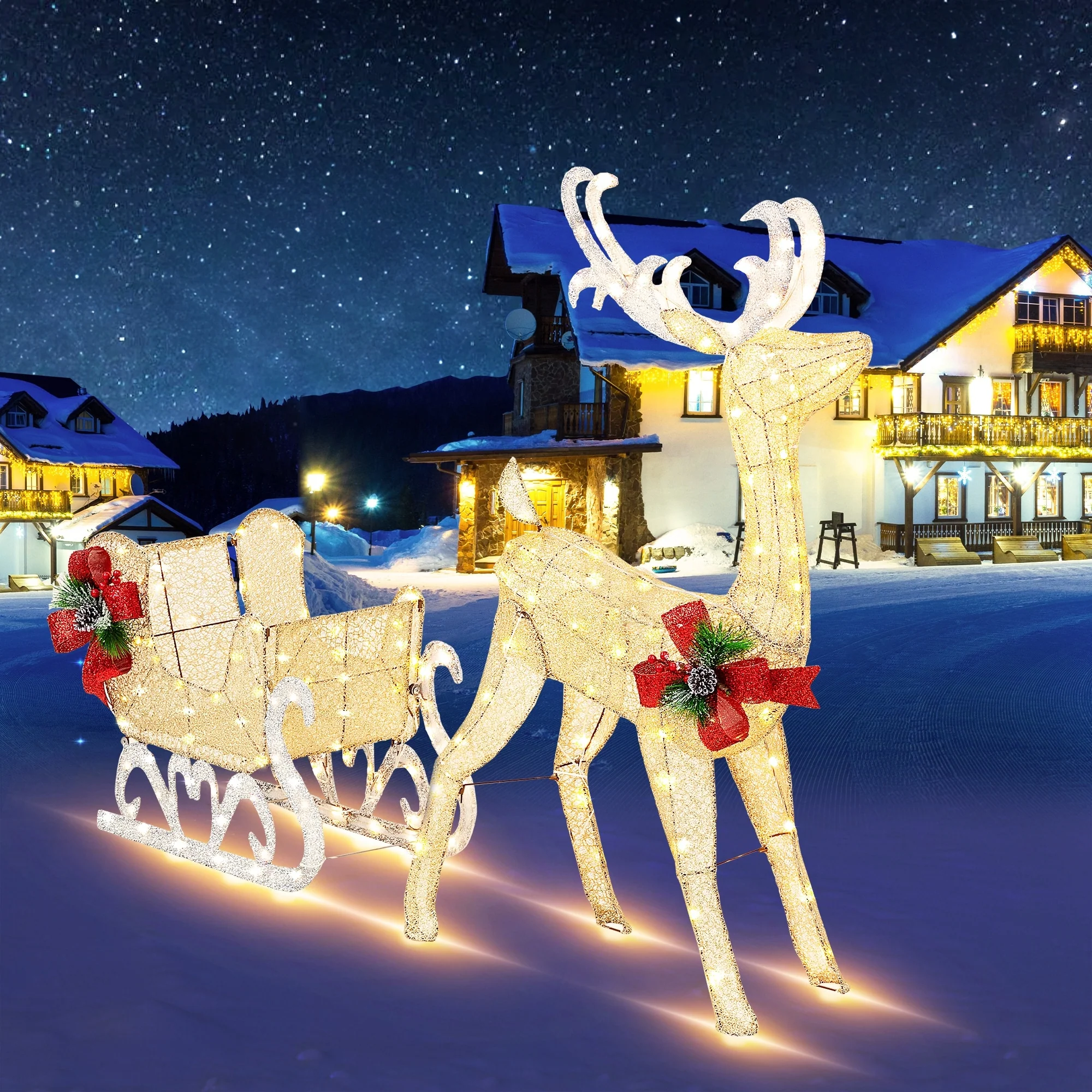 Futzca Christmas Light Holiday Reindeer & Sleigh