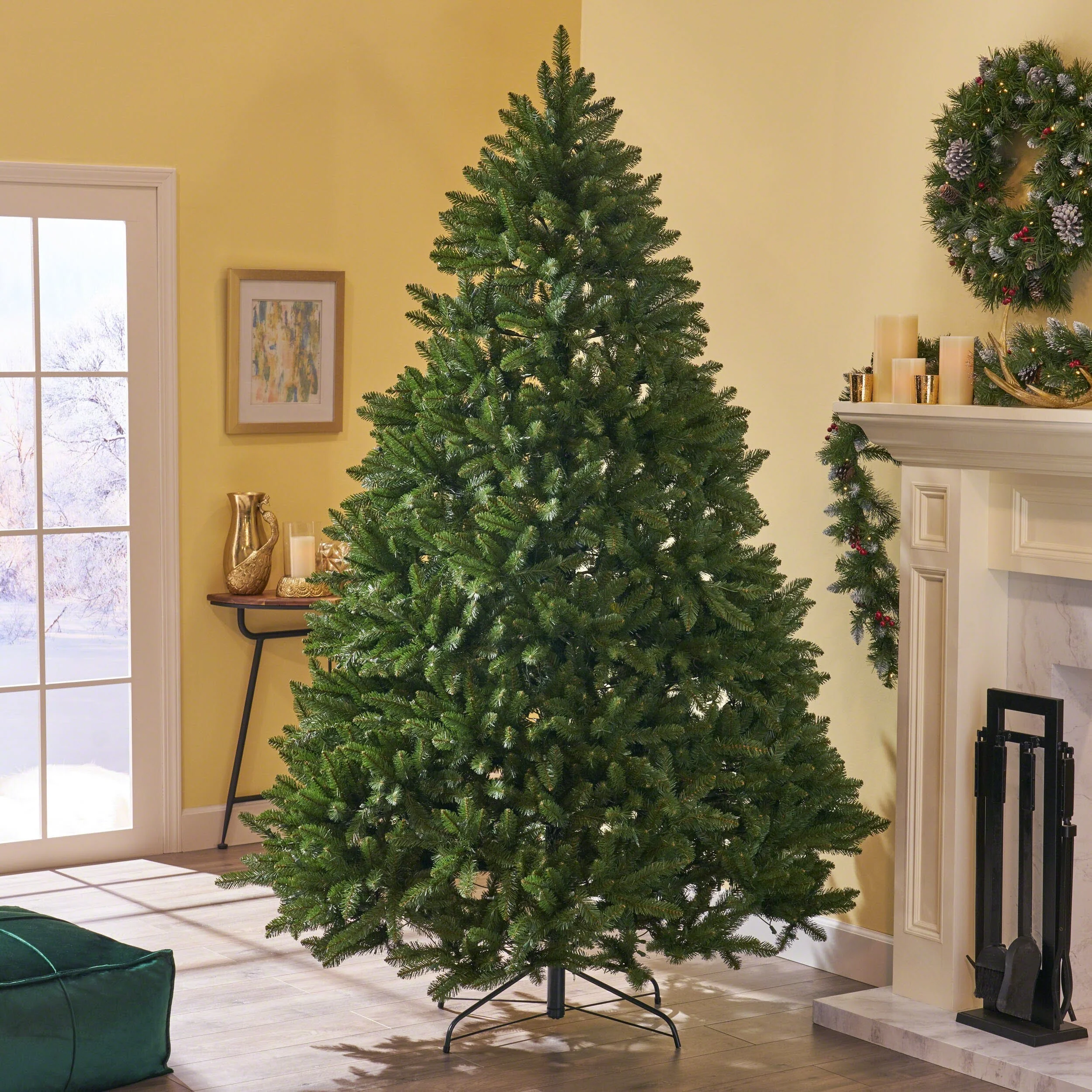 Unlit 7ft Norway Christmas Tree with 2231 Branch Tips, Perfect for Holiday Decorating, Hinged Tree with Sturdy Iron Stand