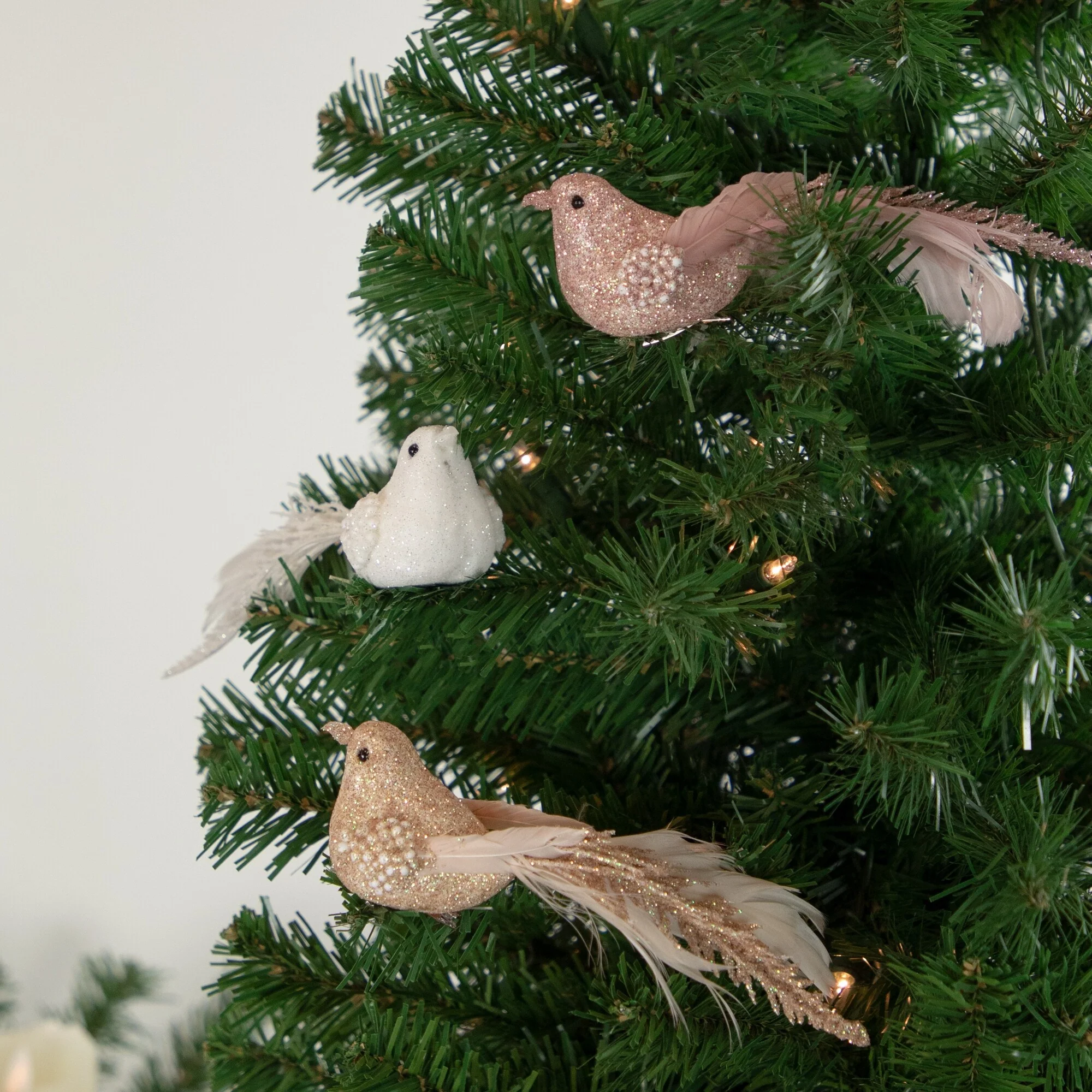 3 Glittered Pink White Champagne Bird Clip On Christmas Ornaments 6.5