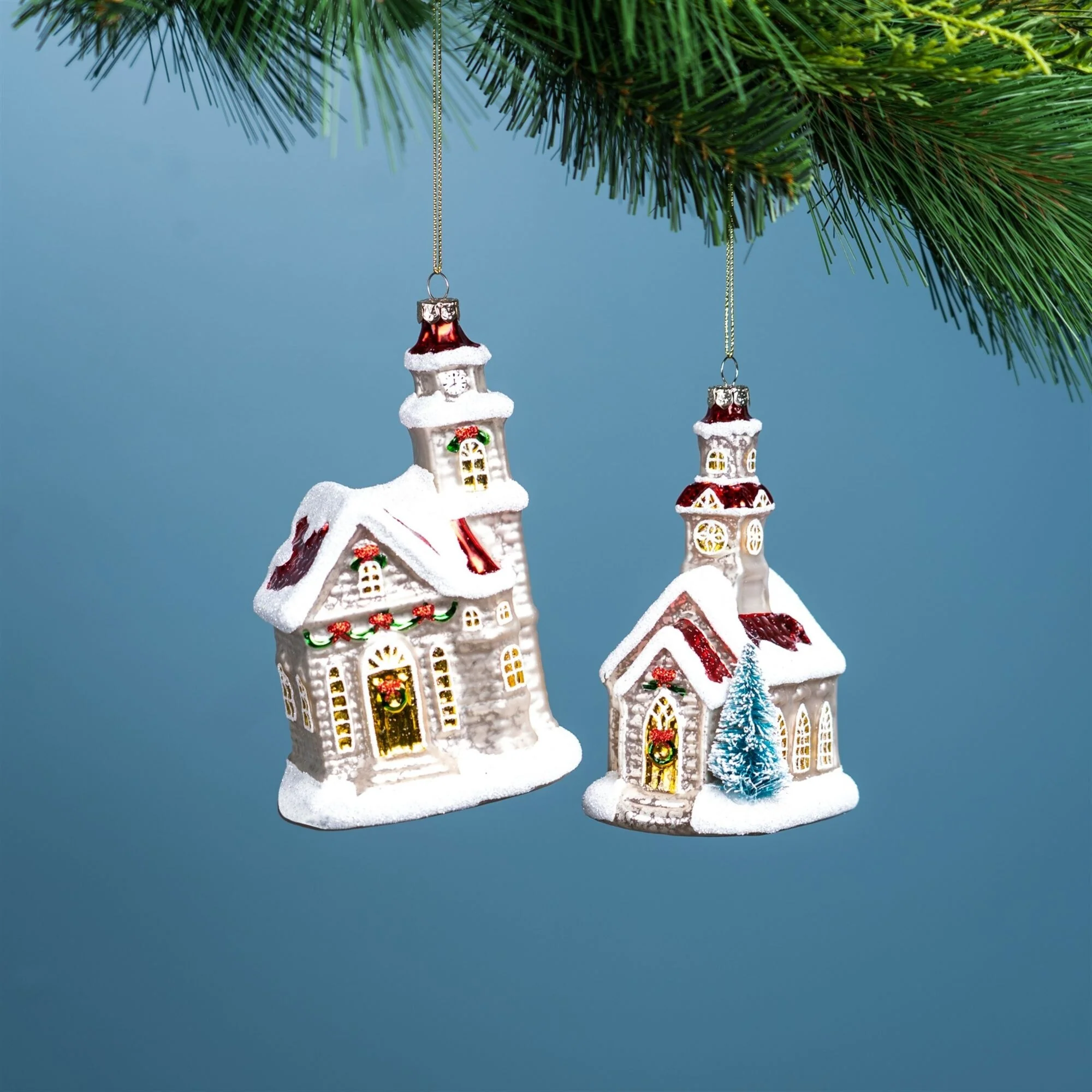 Set of 6 Glittered Glass Church Christmas Ornaments 6.25