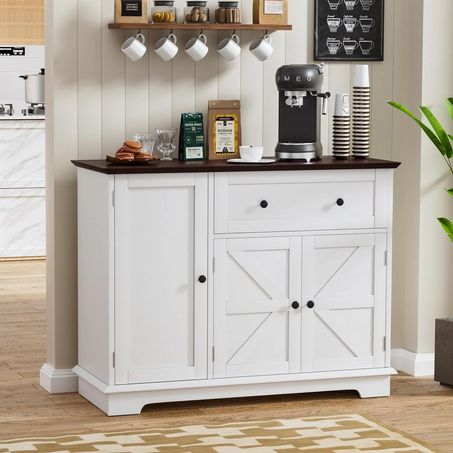 Kitchen Island with Storage, Farmhouse Sideboard Cabinet, Storage Cabinet, White