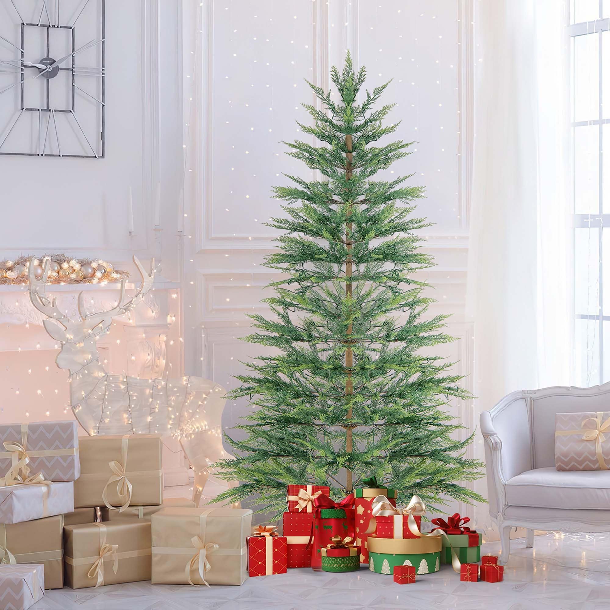 6.5 FT/7.5FT Pre-Lit Christmas Tree Hinged with PE Branch Tips Timer