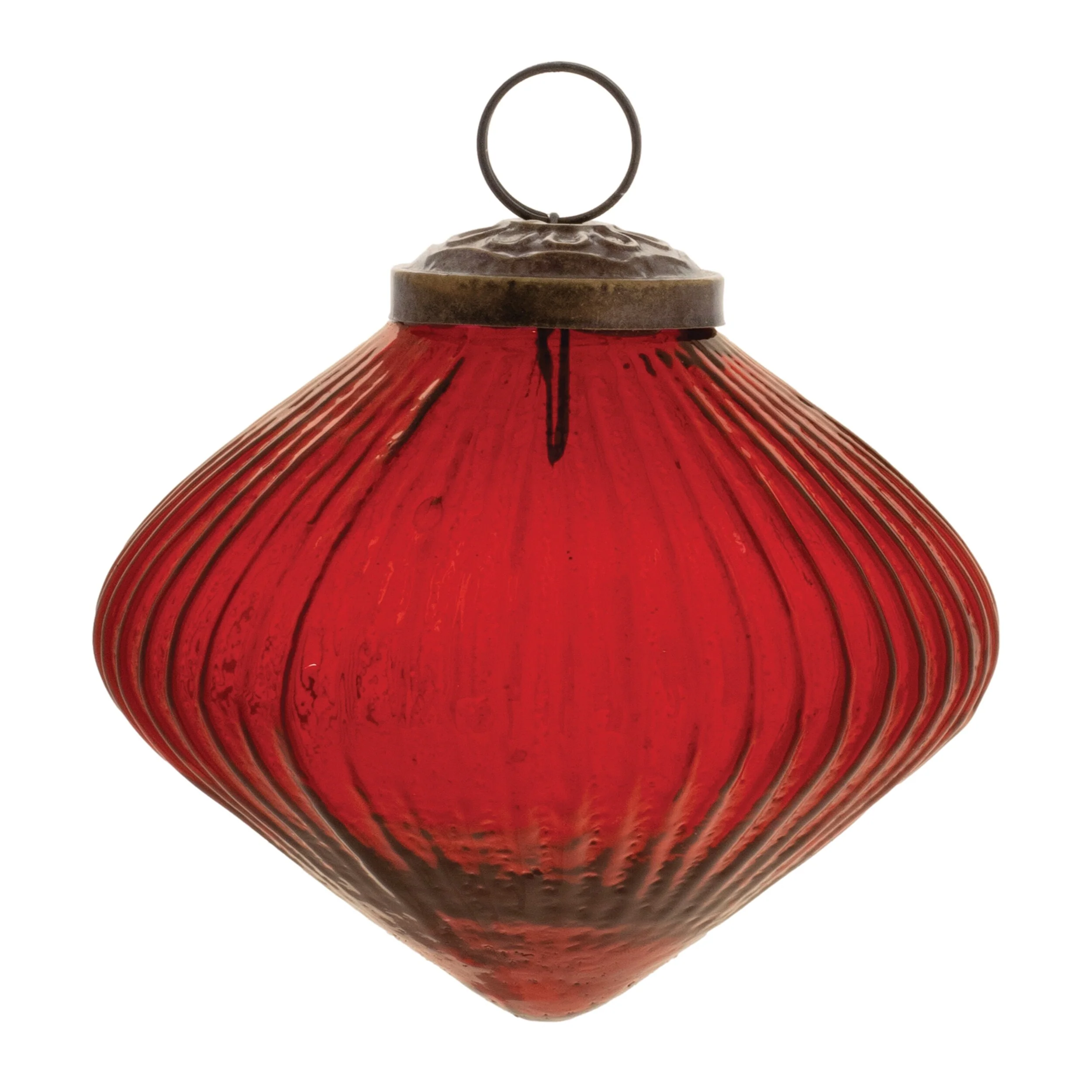 Glass Ribbed Diamond Ornaments with Brass Caps Set of 12 - 3.5” x 3.5” x 3” (L x W x H)