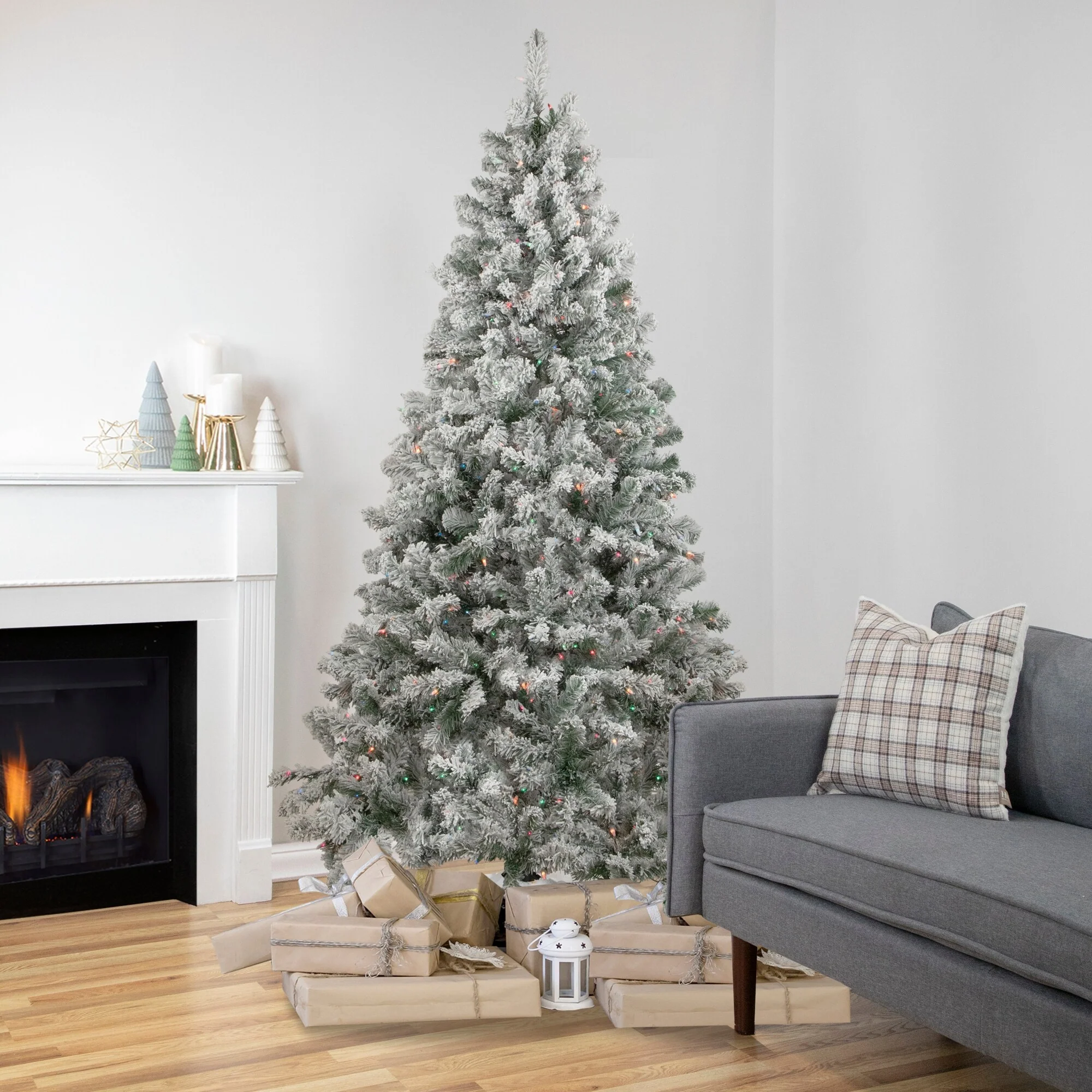 6.5' Flocked Madison Pine Artificial Christmas Tree, Multi Lights - 6.5 Foot