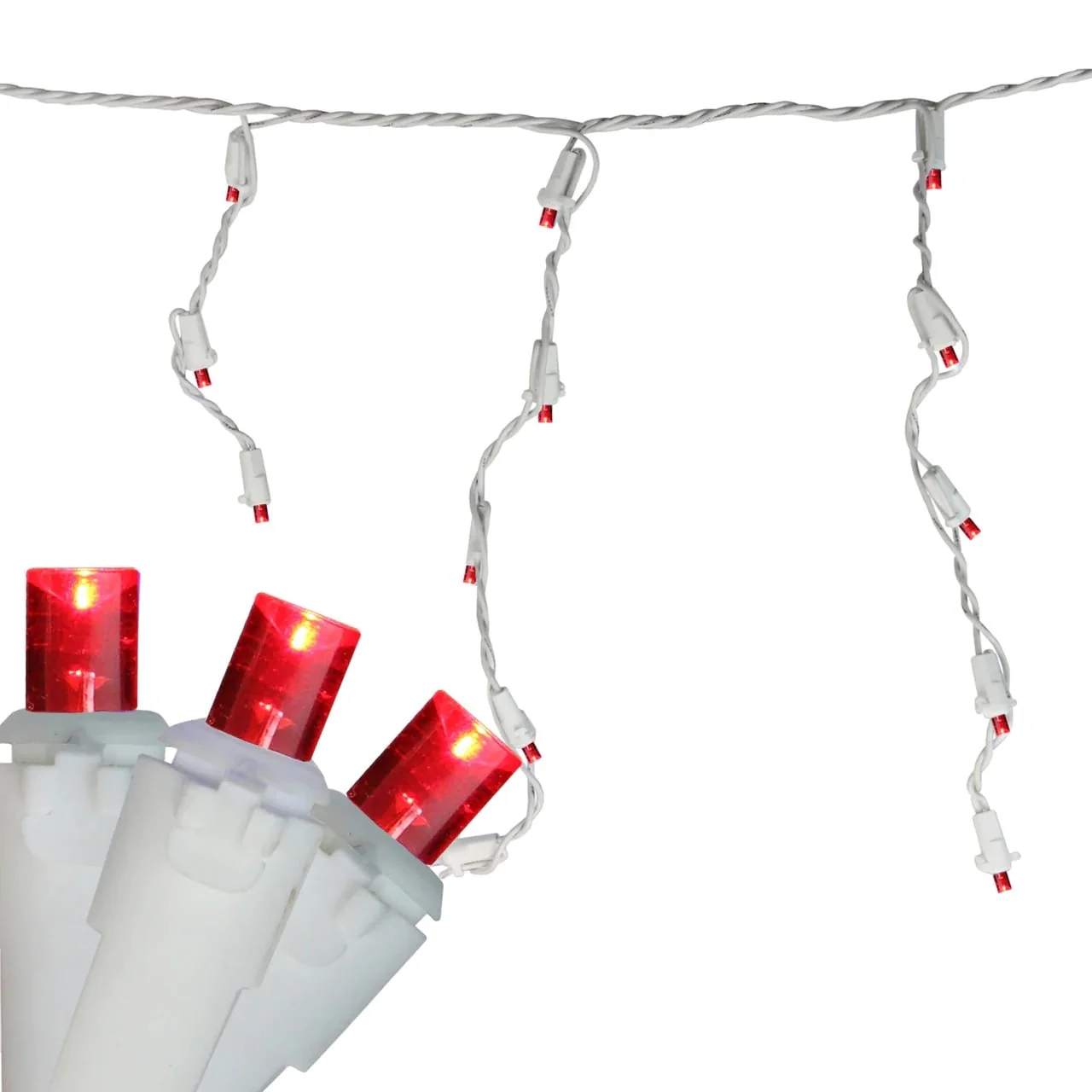 100 Count Red LED Wide Angle Icicle Christmas Lights 5.5 ft White Wire