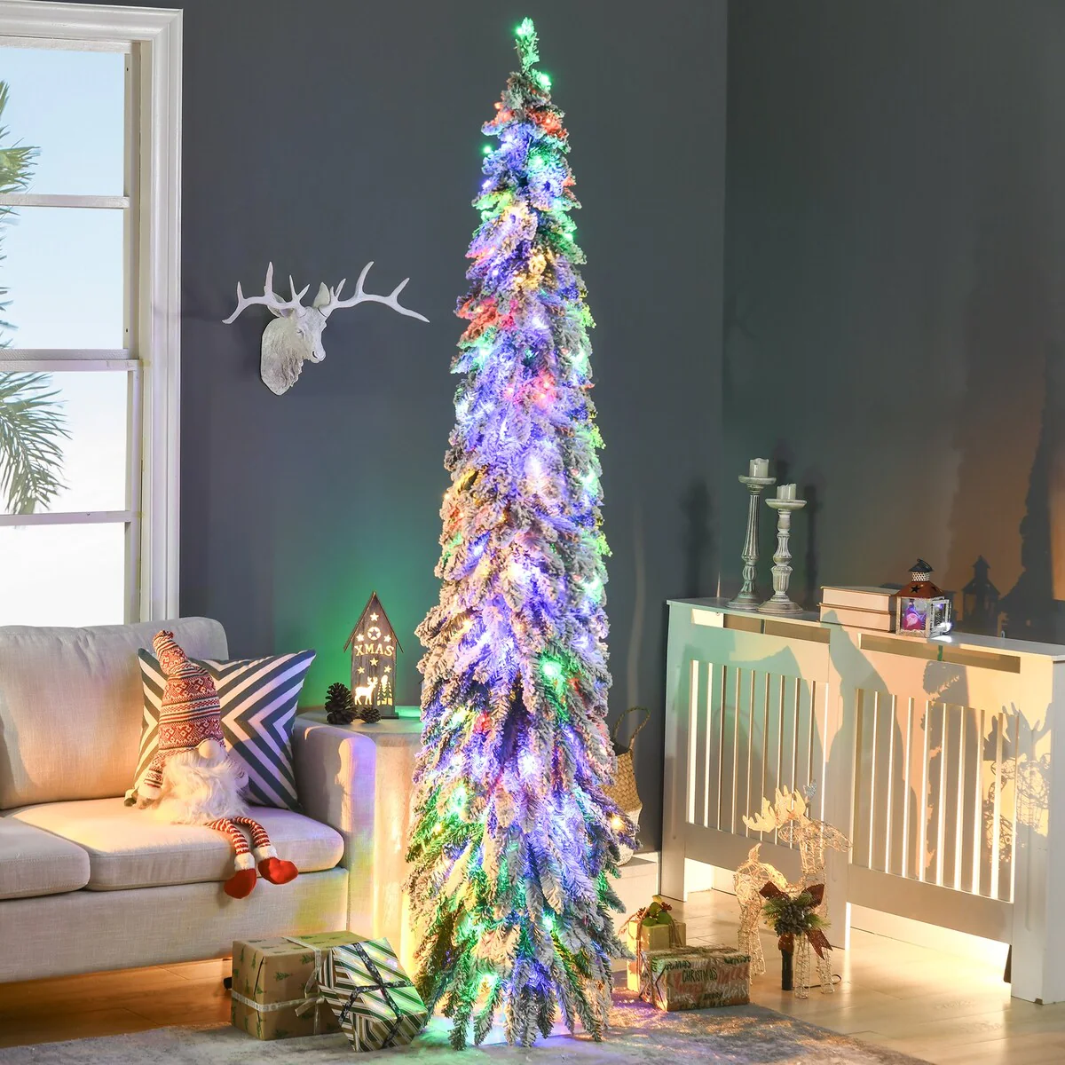 HOMCOM 7ft Tall Prelit Pencil Artificial Christmas Tree Holiday Décor with 534 Snow Flocked Branches, Downswept Shape - 6.89 ft