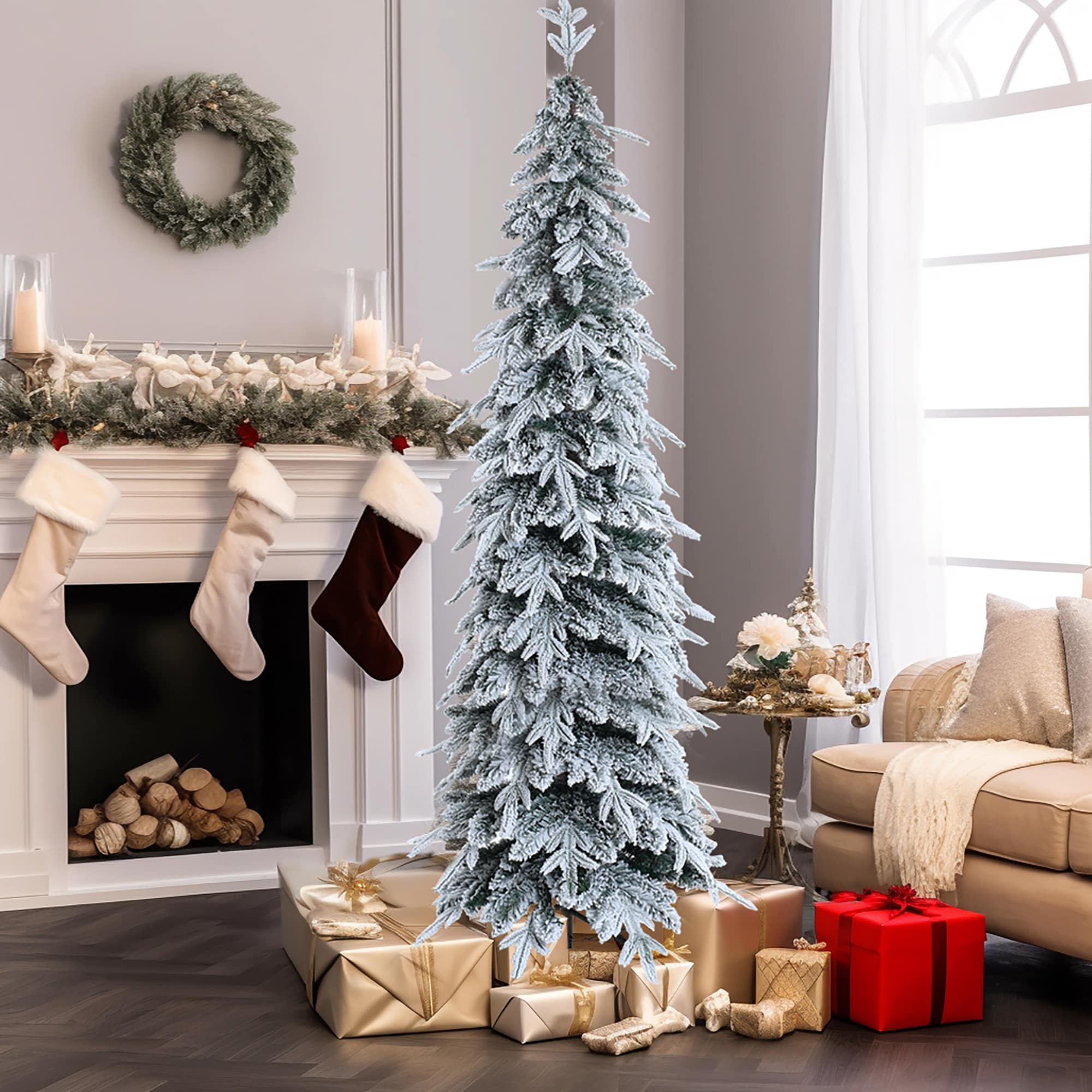 6.8Ft Pencil Slim Artificial Snow-Flocked Christmas Tree - 82.8
