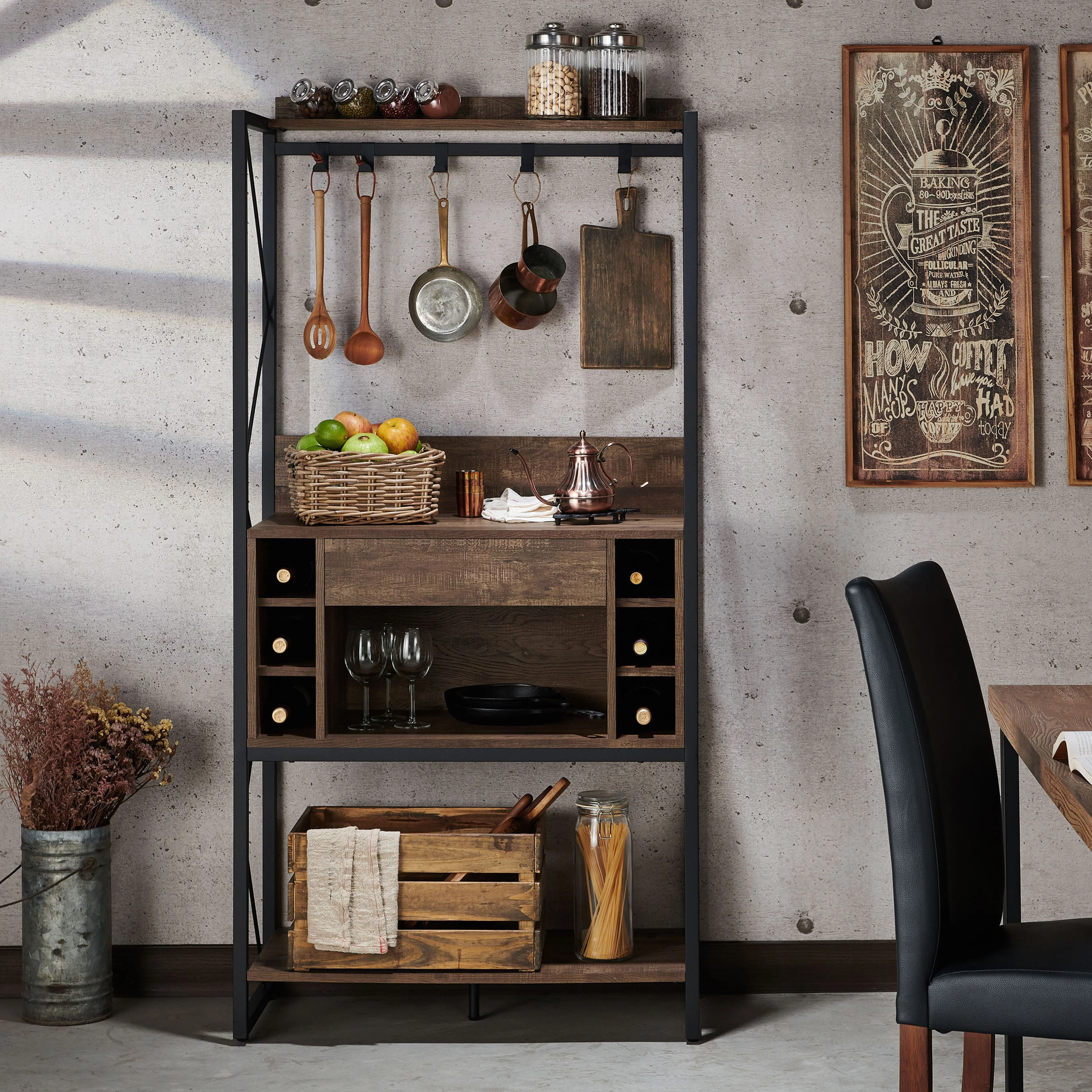 DH BASIC Industrial Reclaimed Oak 67-inch Metal 6-Wine Slots Baker's Rack by Denhour