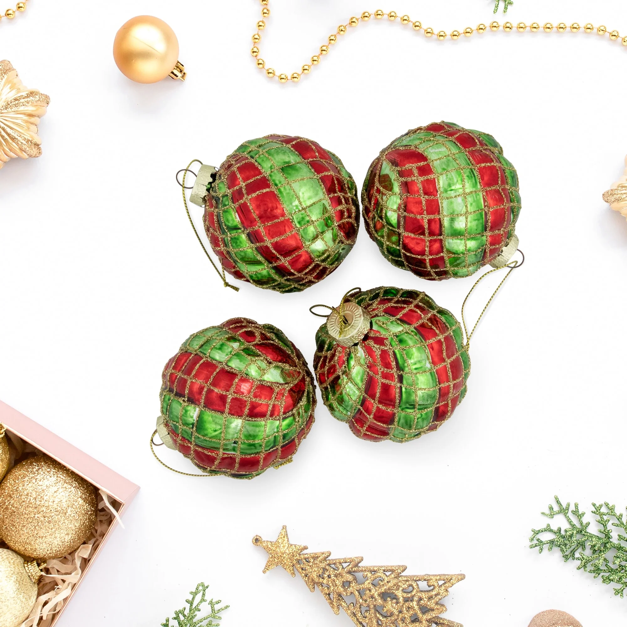 Glitter Lattice Striped Christmas Glass Ball Ornaments - 3