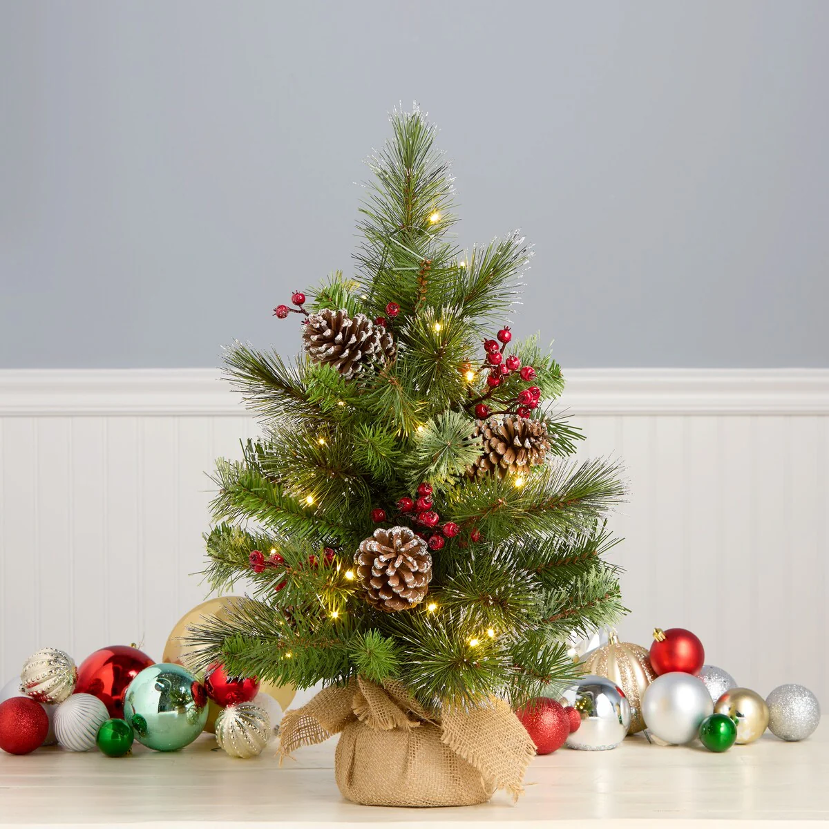 National Tree Company 2 ft. Pre-lit Iced Berry Pine Artificial Christmas Tree with Iced Berries in a Burlap Base
