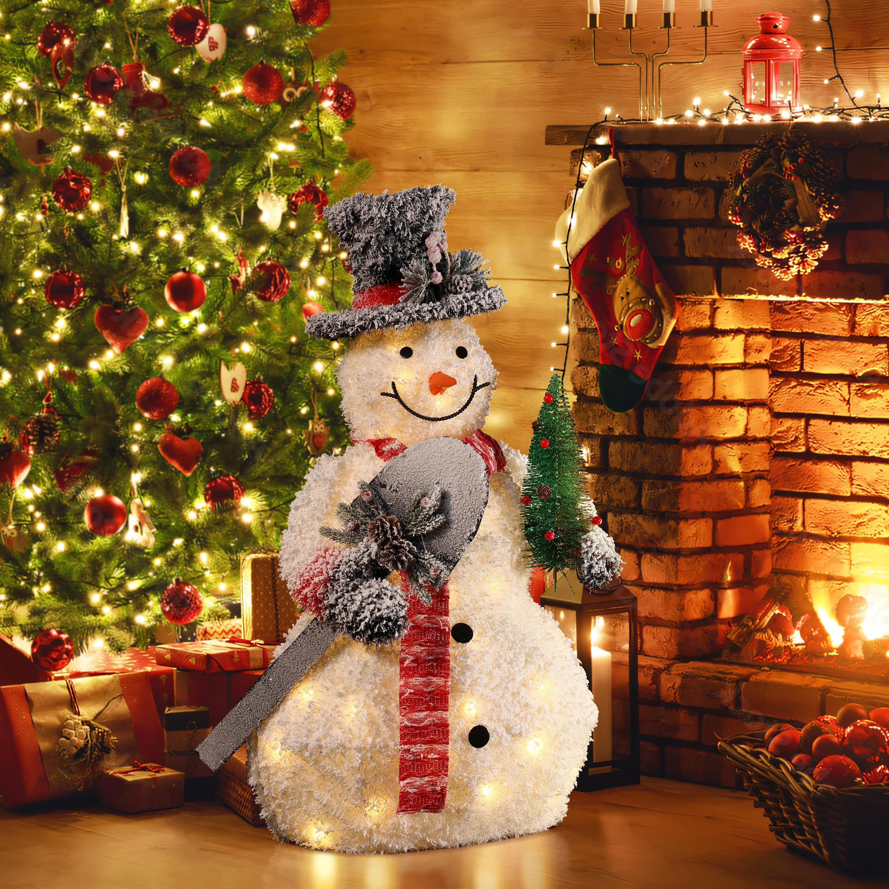 White Frosted Snowman Holding Shovel and Christmas Tree Holiday Decoration with Lights - Multi-Color - 35