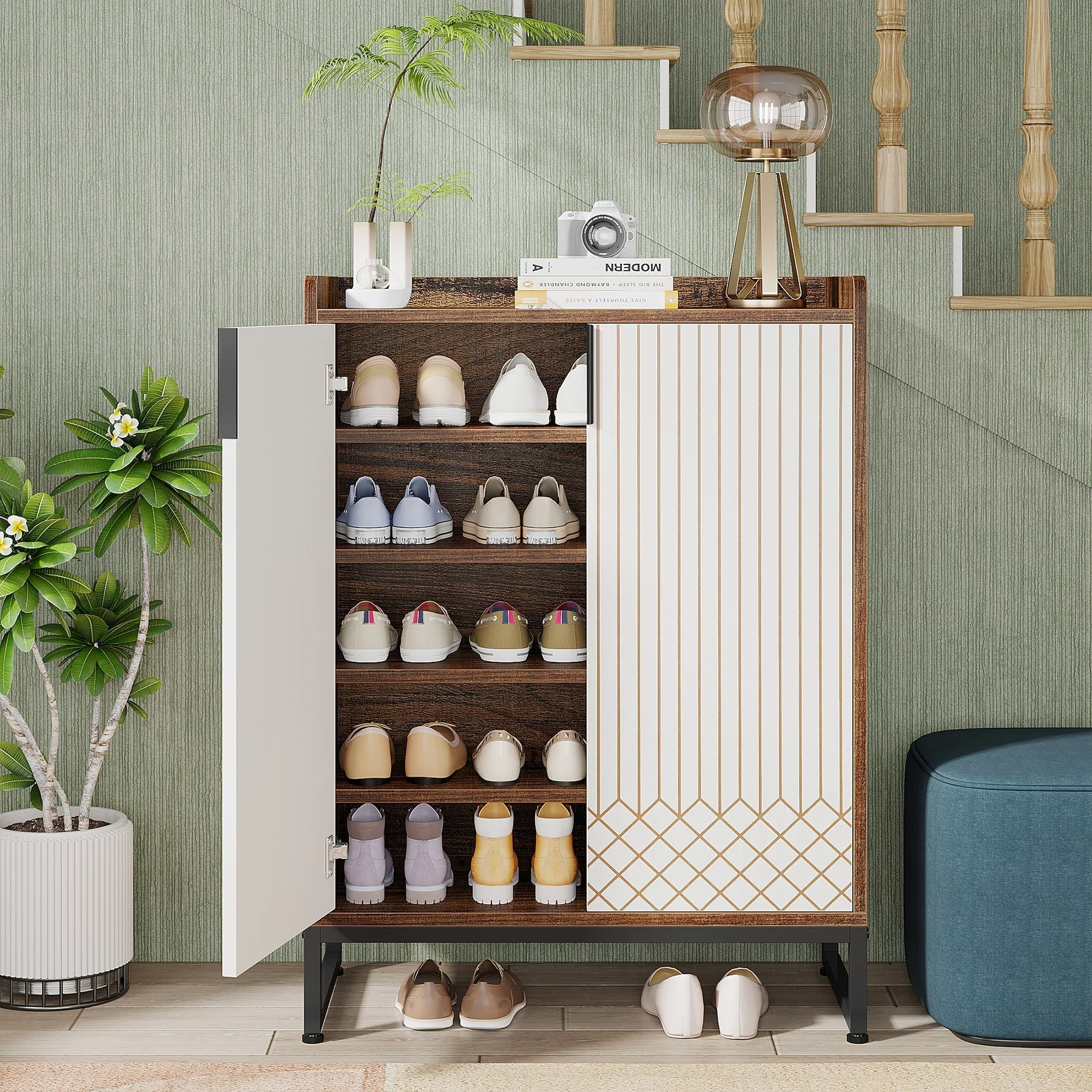25 Pairs Shoe Cabinet with Doors, 5 Tiers Shoes Rack Organizer Cabinet - 5-Tier