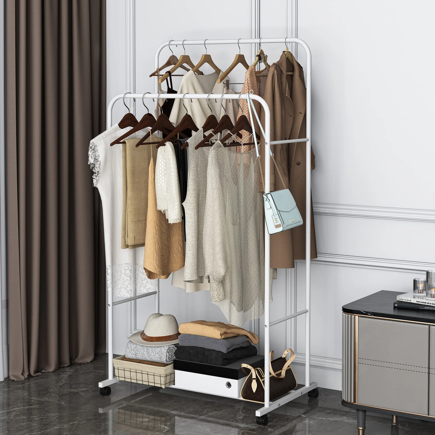 Heavy Duty Clothes Rack Double Rod Clothing Stand with Shelf - 31.4x20x61 inch