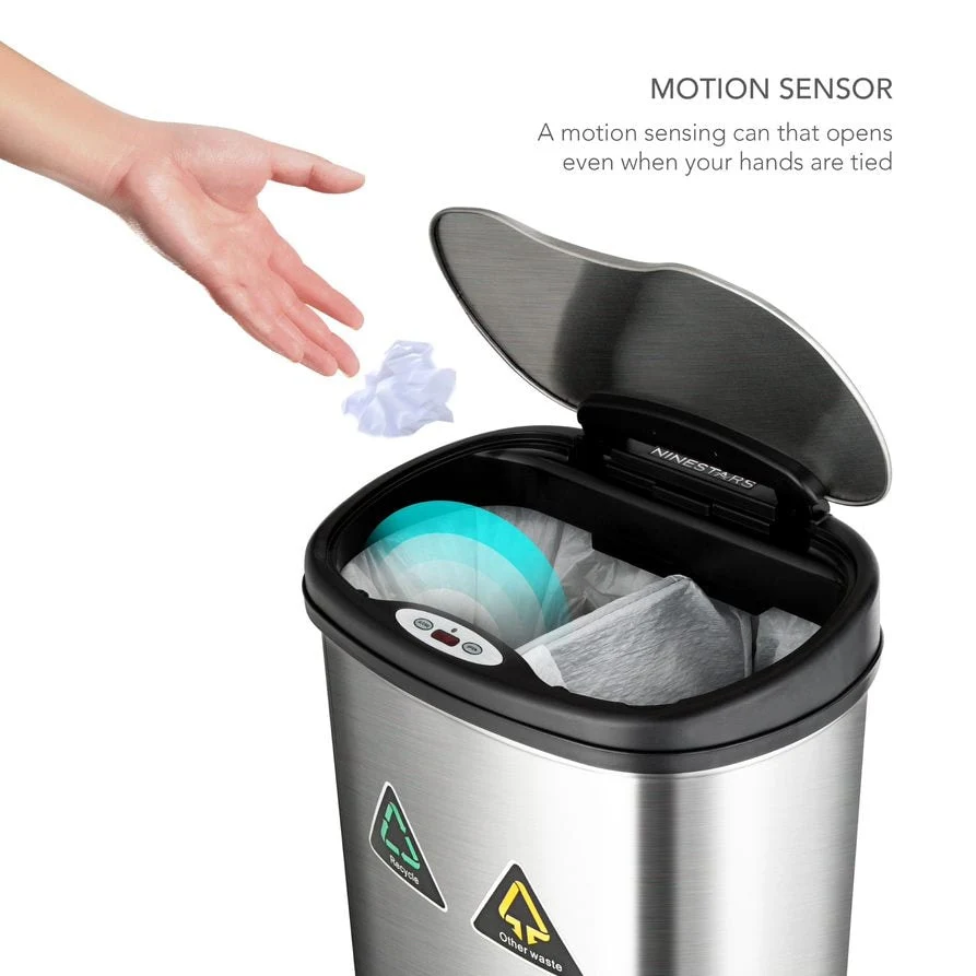 NINESTARS Stainless Steel Dual Compartment Motion Sensor Trash Can 13.2 Gallon DZT-50-13R