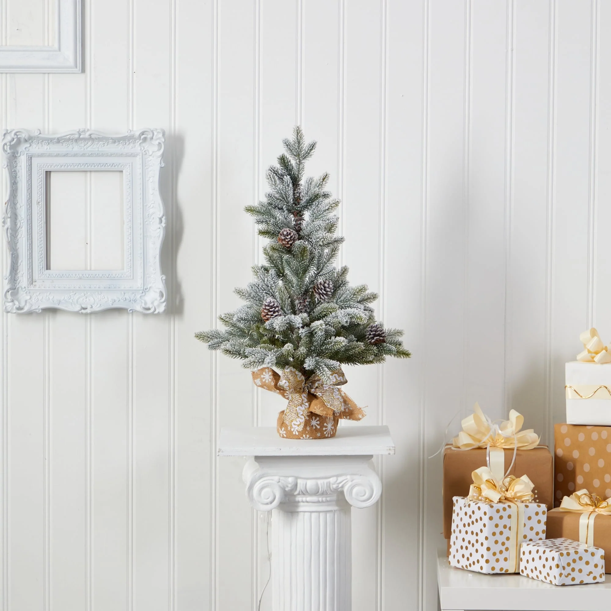 2' Potted Flocked Artificial Christmas Tree with Pinecones, Unlit - 2 Foot
