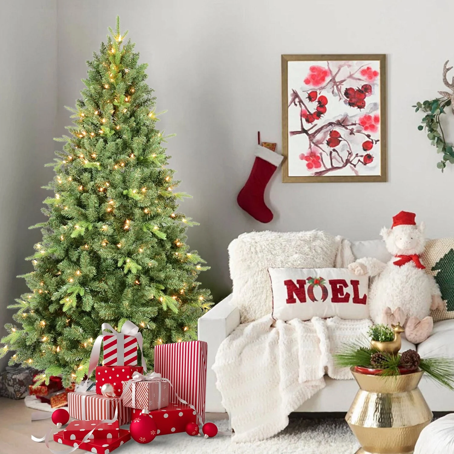 4FT Pre-Lit Christmas Tree with 200 UL Warm White Lights-Classic Green Tree with 636 PE+PVC Tips,Hinged Branches for Easy Setup